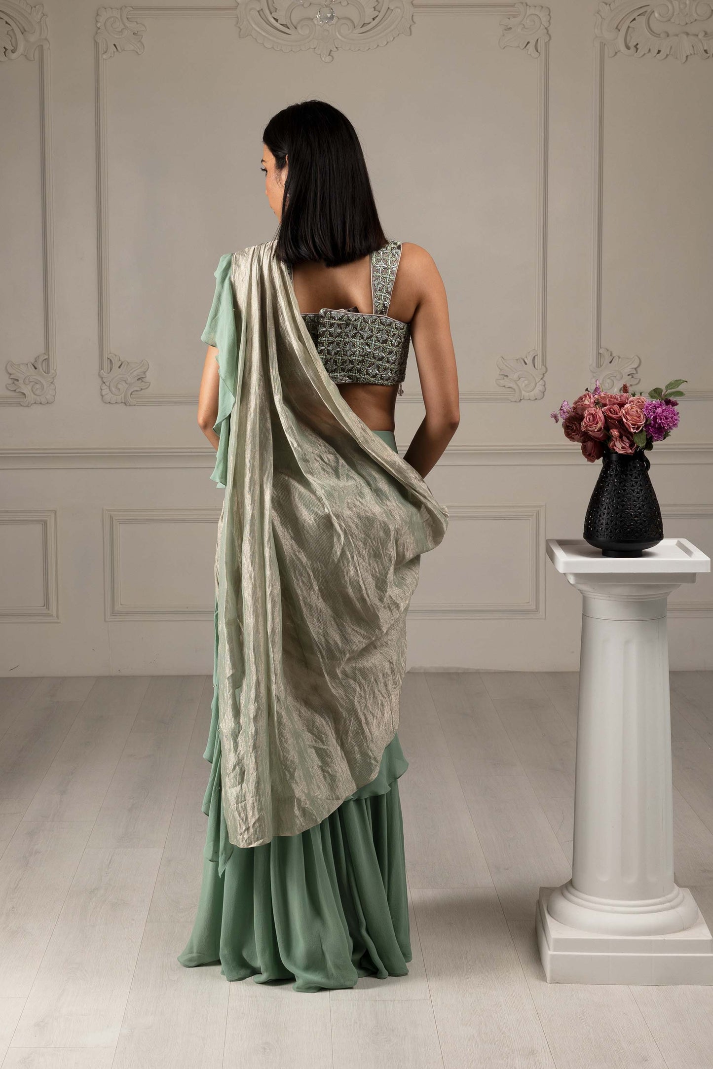 Royalty Tea Green Georgette Thread & Pearl Mehendi Drape Saree