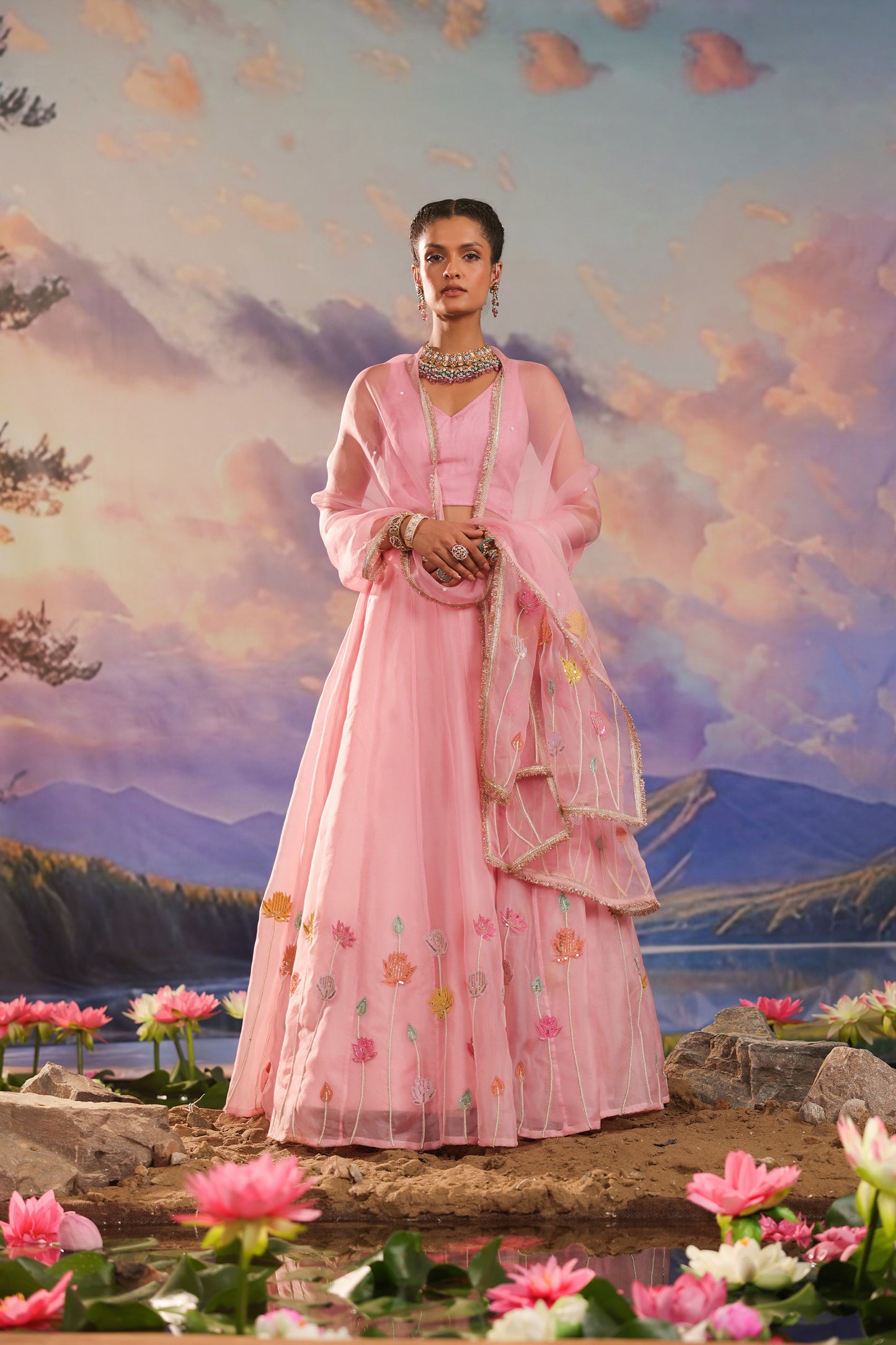 Pink Applique Pearl & Zari Embroidery Organza Lehenga