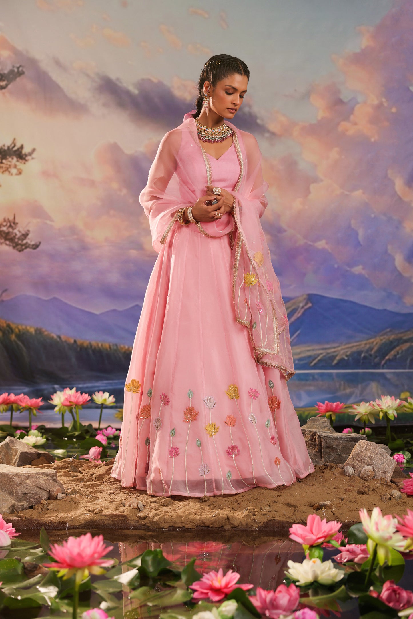 Pink Applique Pearl & Zari Embroidery Organza Lehenga