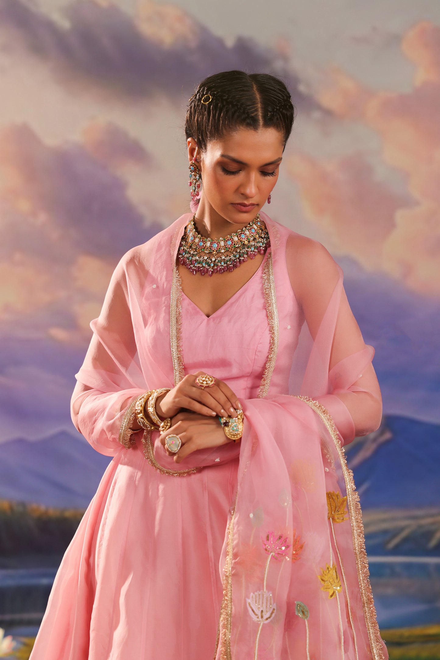 Pink Applique Pearl & Zari Embroidery Organza Lehenga