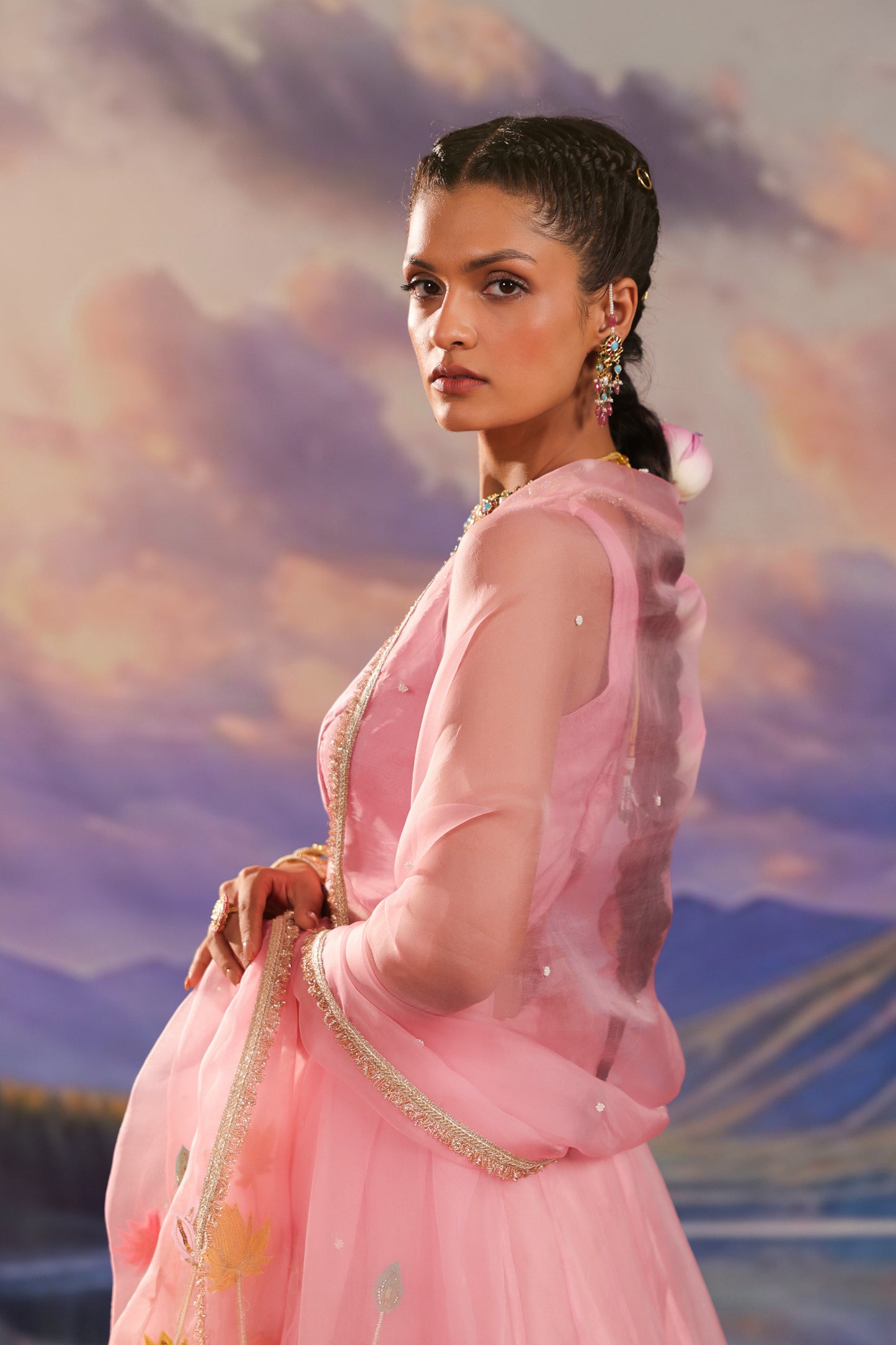 Pink Applique Pearl & Zari Embroidery Organza Lehenga