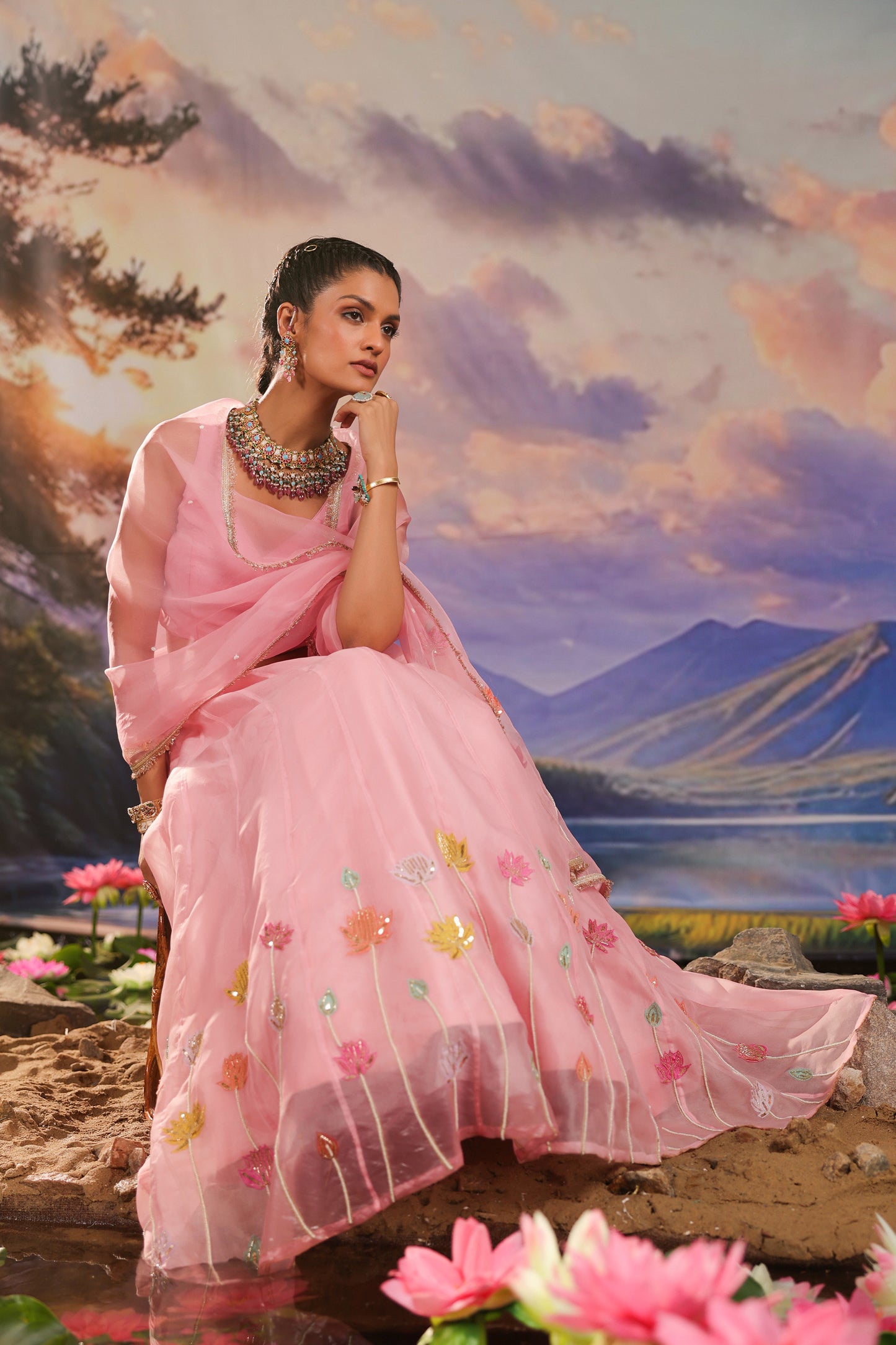 Pink Applique Pearl & Zari Embroidery Organza Lehenga