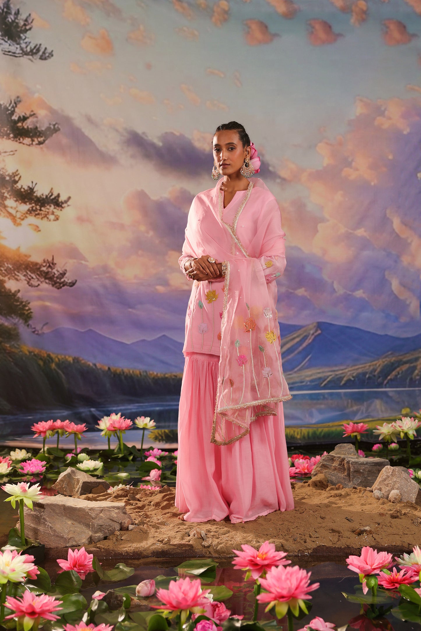 Pink Applique Pearl & Zari Embroidery Mul Chanderi Gharara