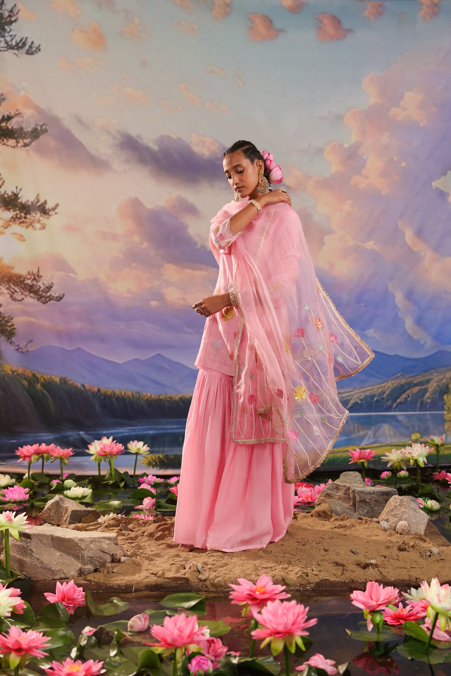 Pink Applique Pearl & Zari Embroidery Mul Chanderi Gharara