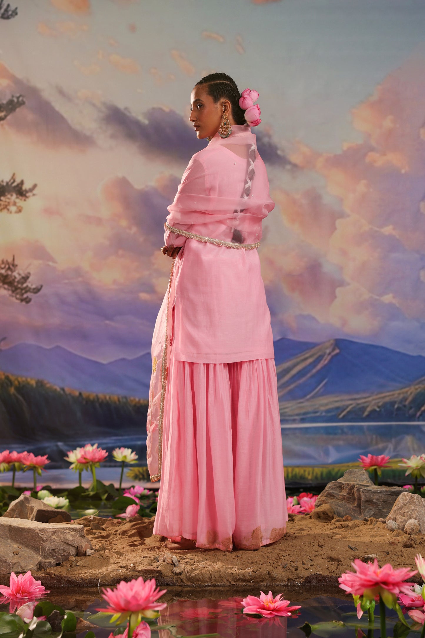 Pink Applique Pearl & Zari Embroidery Mul Chanderi Gharara