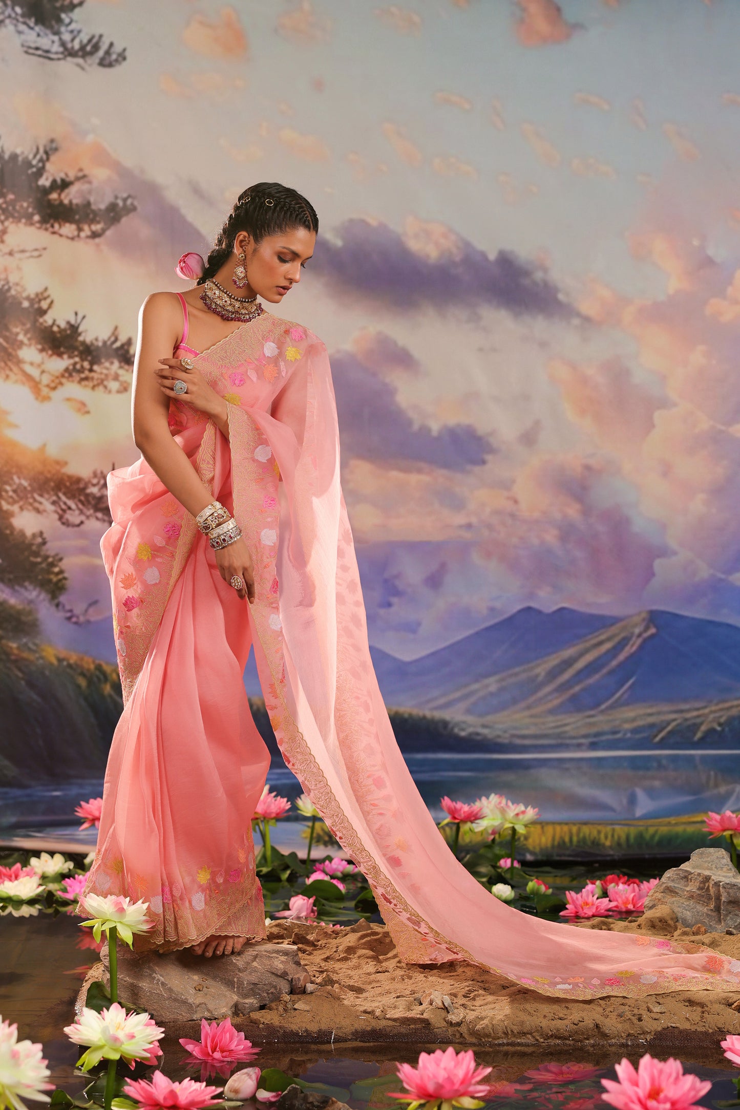 Peach Applique Work Organza Designer Saree