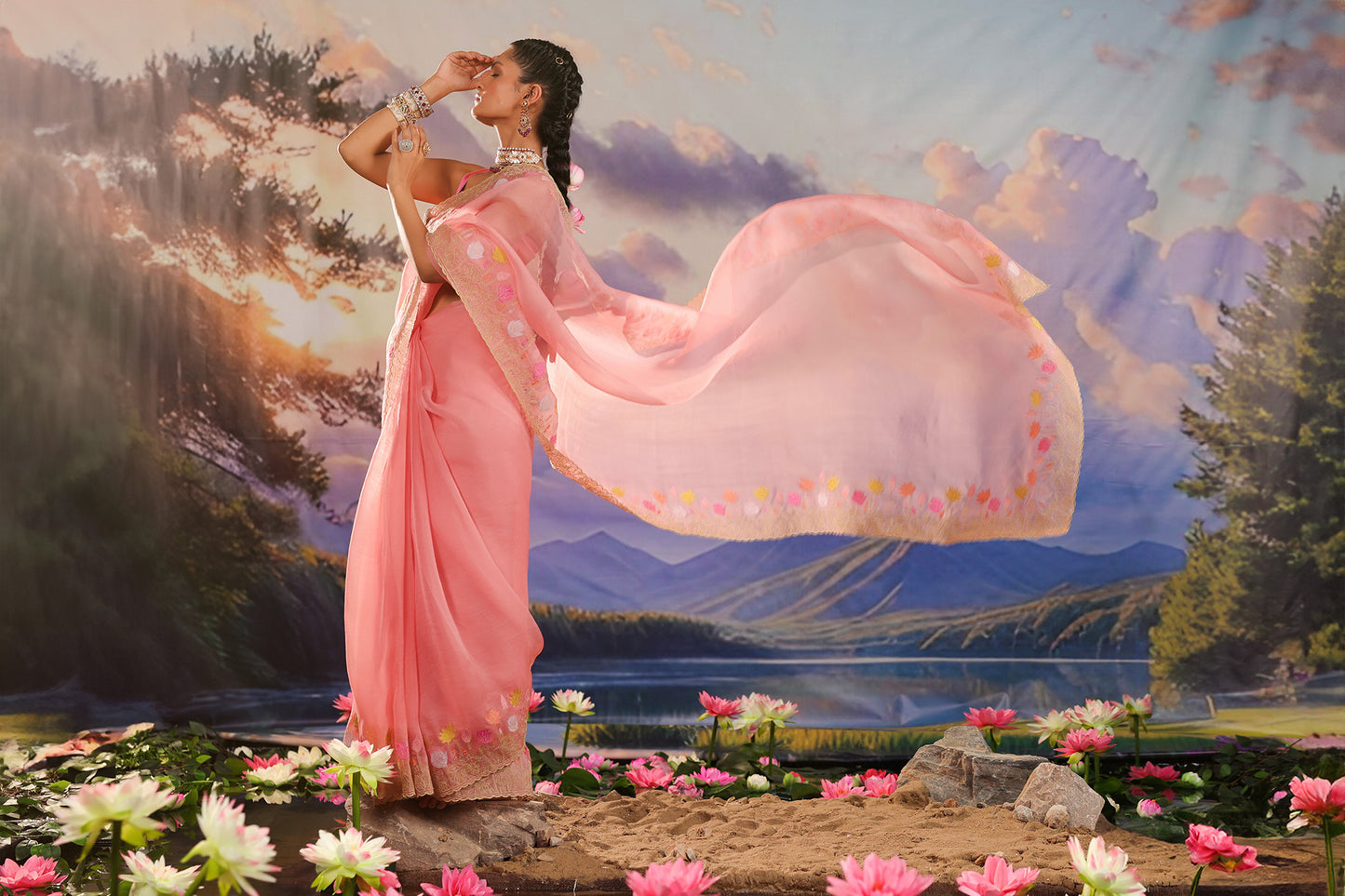 Peach Applique Work Organza Designer Saree