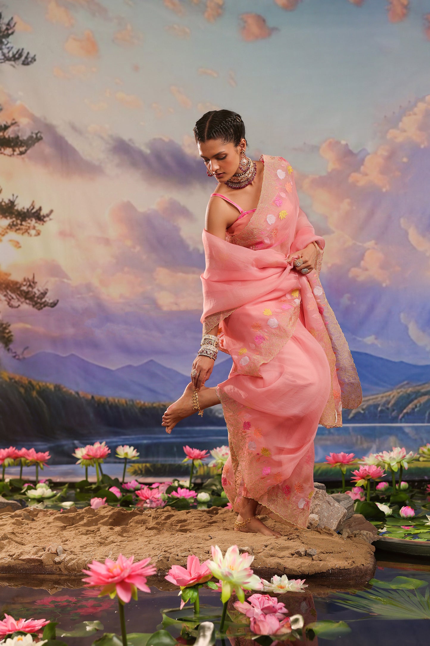 Peach Applique Work Organza Designer Saree