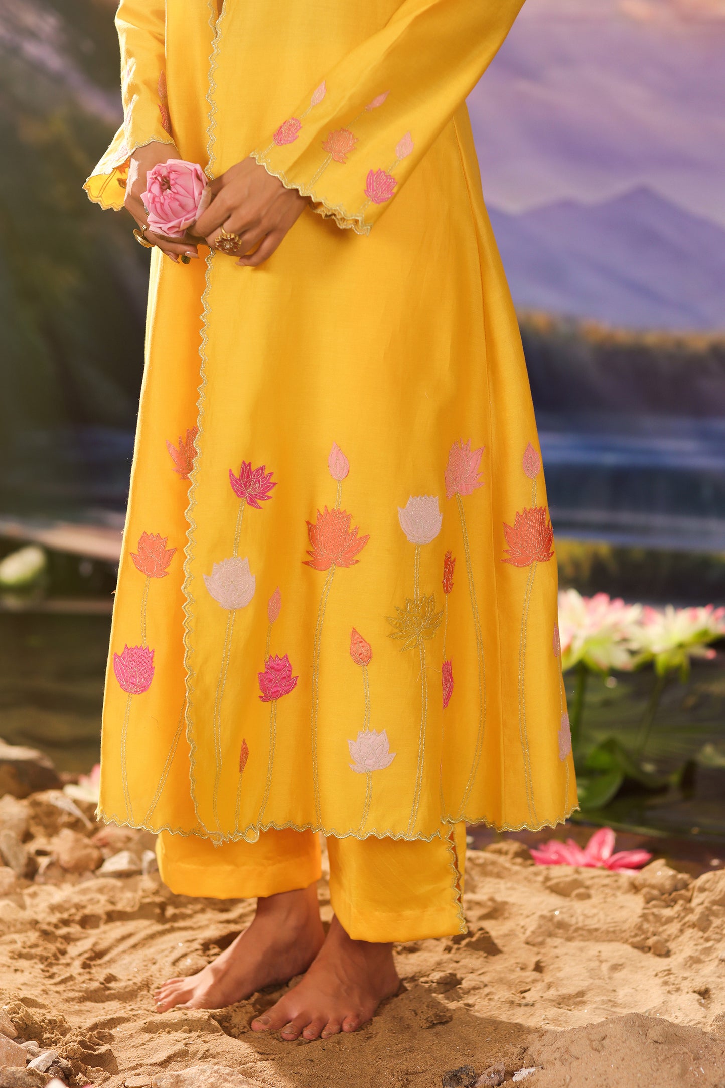Yellow Silk Appliqué Work Silk Chanderi  Festive Co ord Set