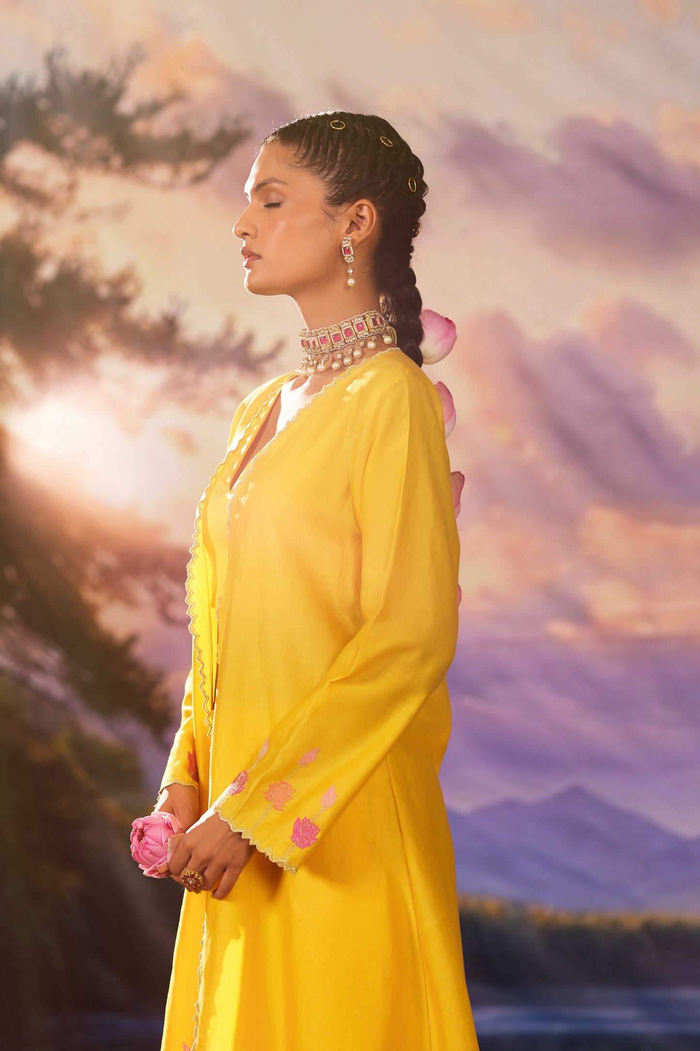 Yellow Silk Appliqué Work Silk Chanderi  Festive Co ord Set