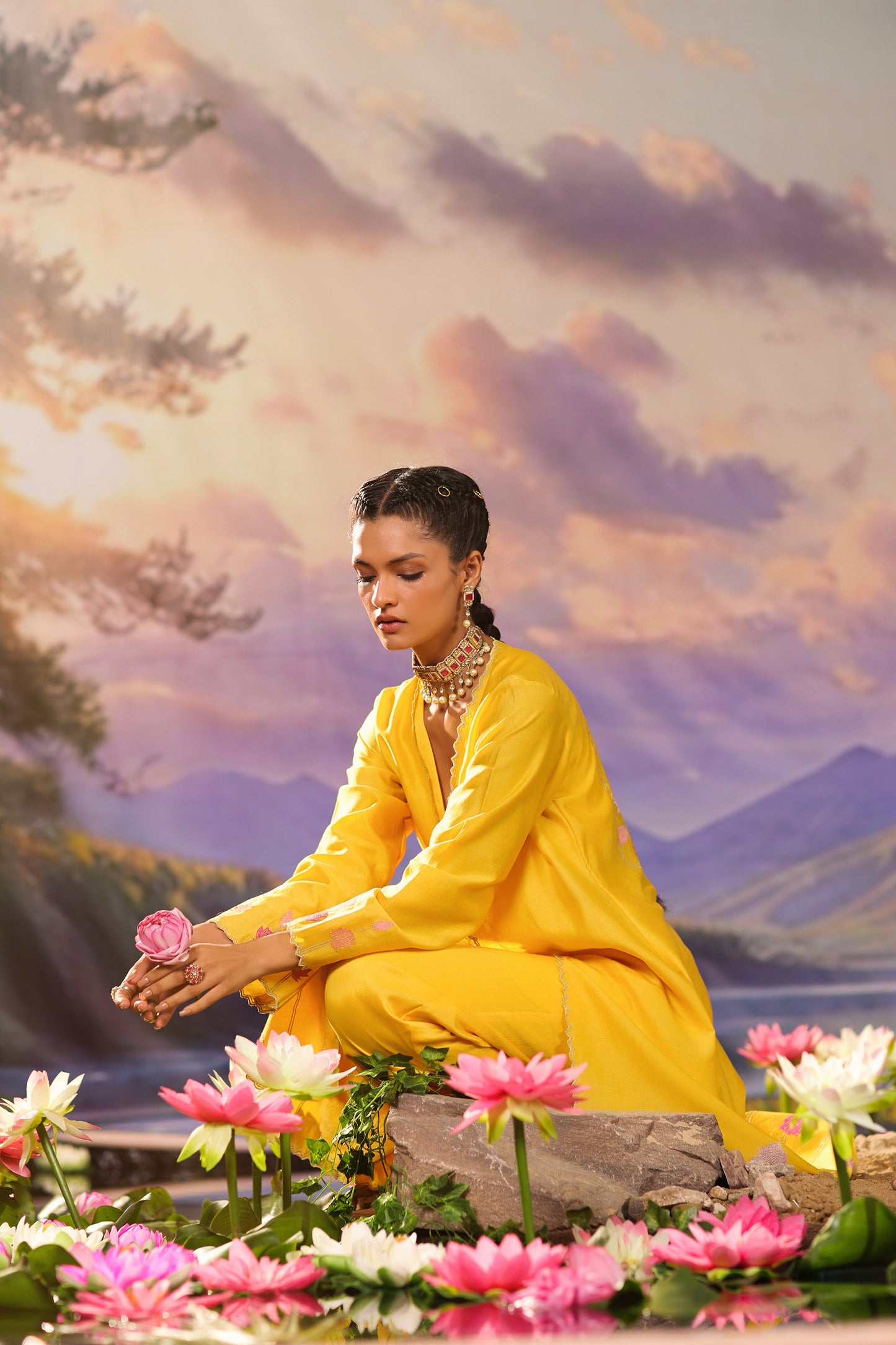 Yellow Silk Appliqué Work Silk Chanderi  Festive Co ord Set