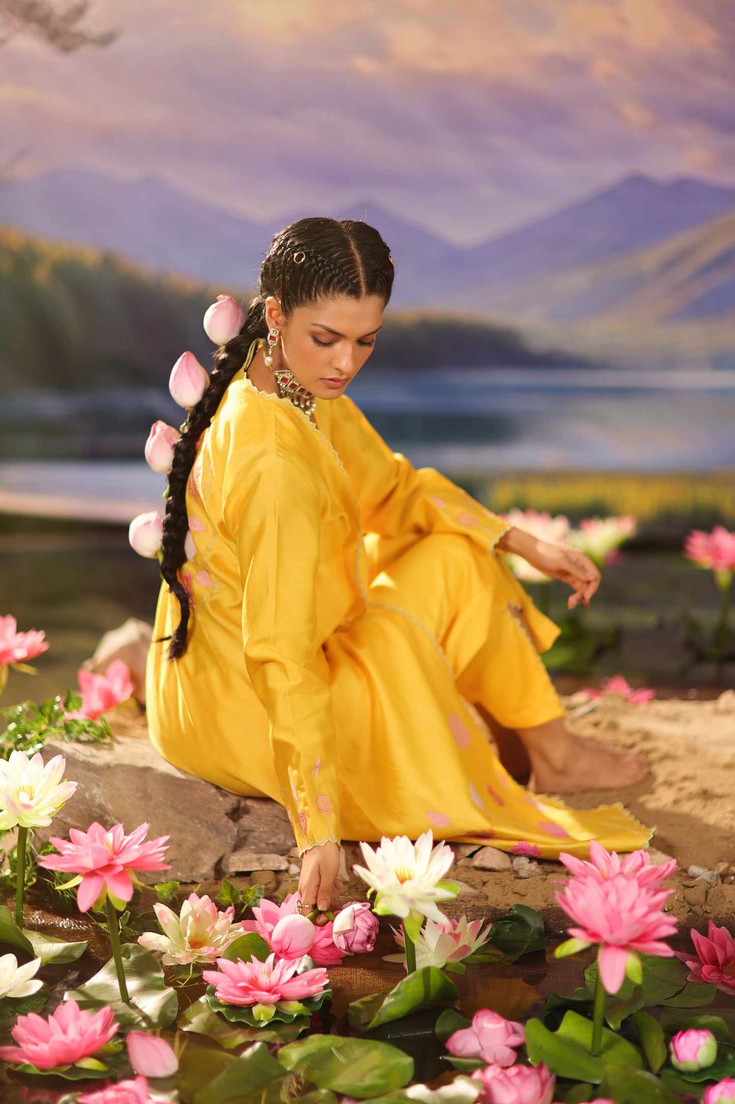 Yellow Silk Appliqué Work Silk Chanderi  Festive Co ord Set