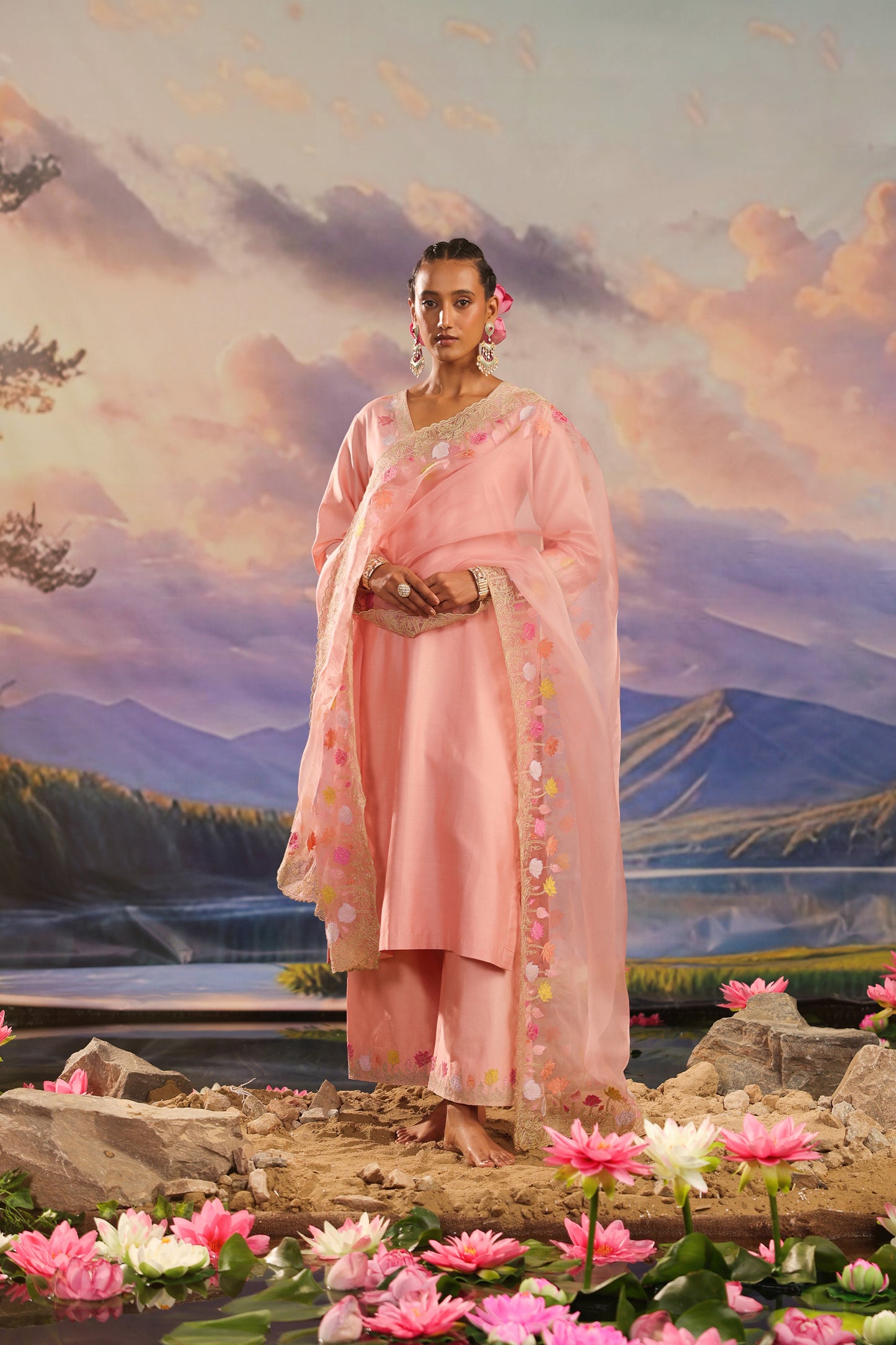 Peach Applique Work Silk Chanderi Festive Suit Set