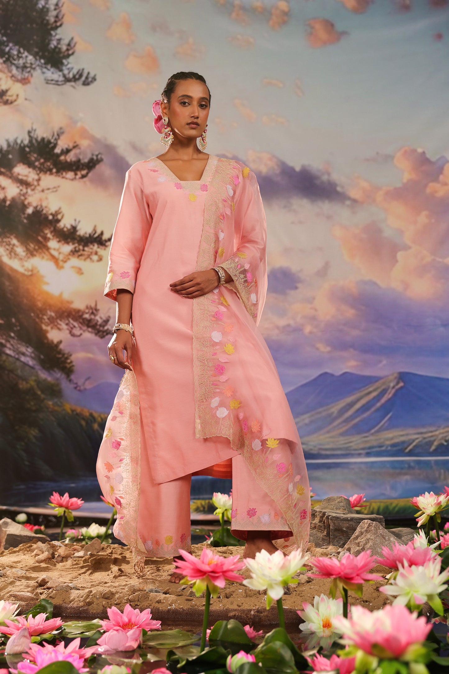 Peach Applique Work Silk Chanderi Festive Suit Set