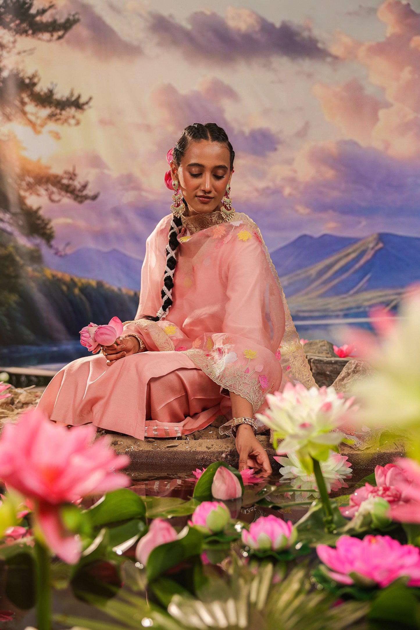 Peach Applique Work Silk Chanderi Festive Suit Set