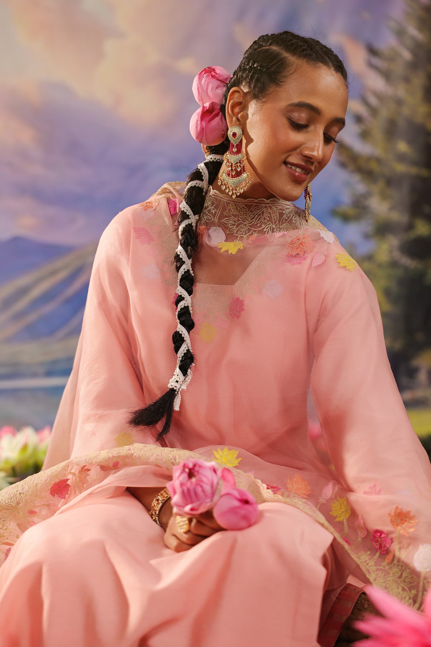 Peach Applique Work Silk Chanderi Festive Suit Set