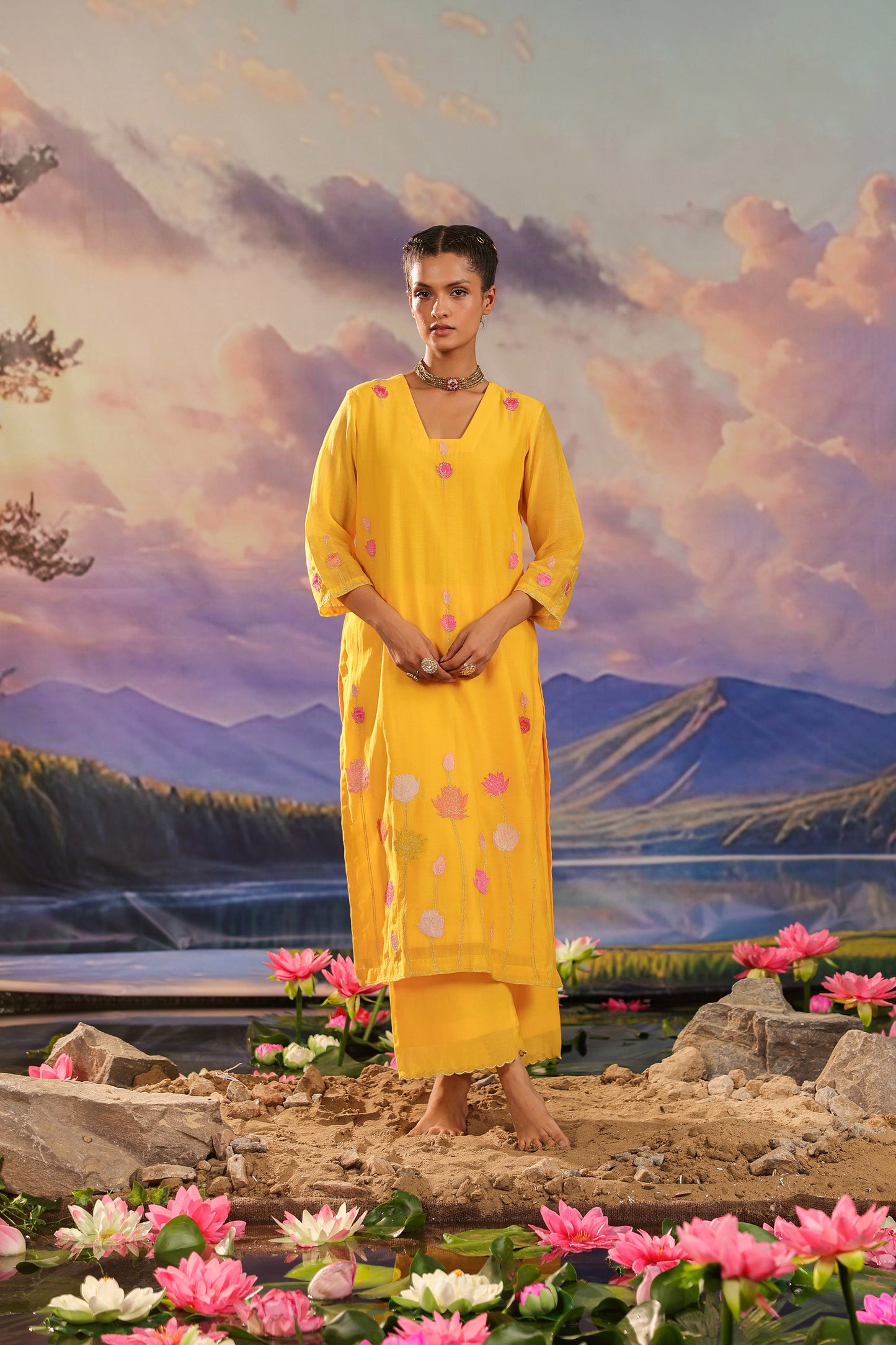 Yellow Applique WOrk Chanderi Designer Suit Set