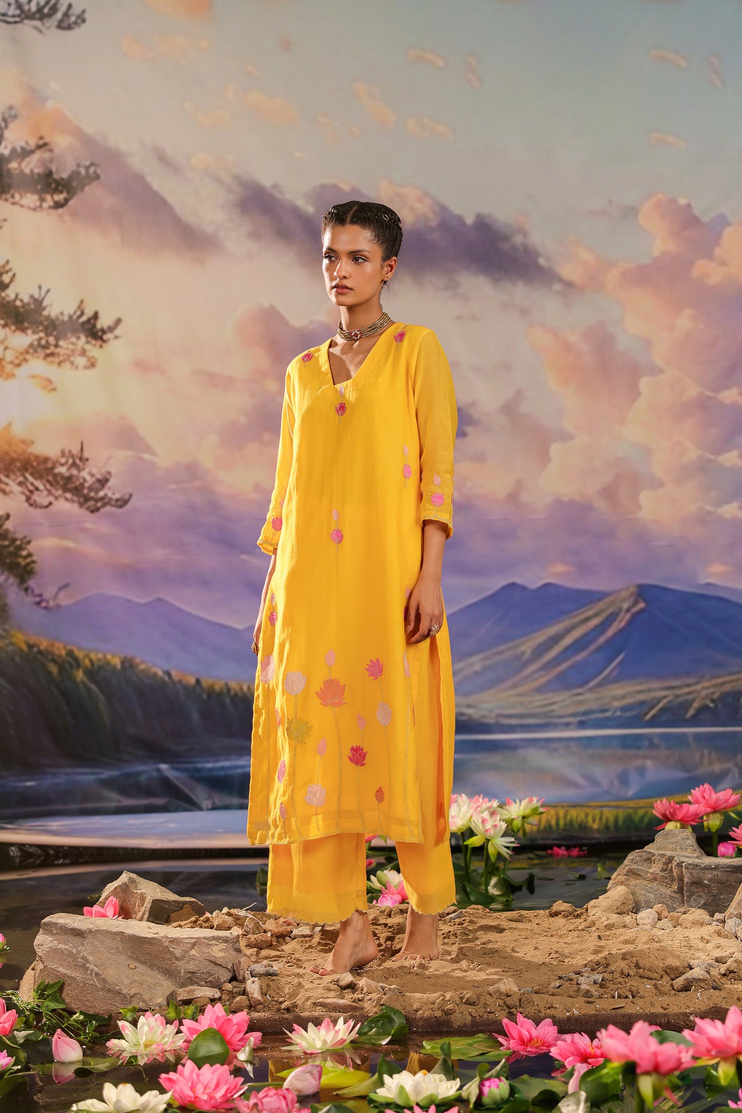 Yellow Applique WOrk Chanderi Designer Suit Set