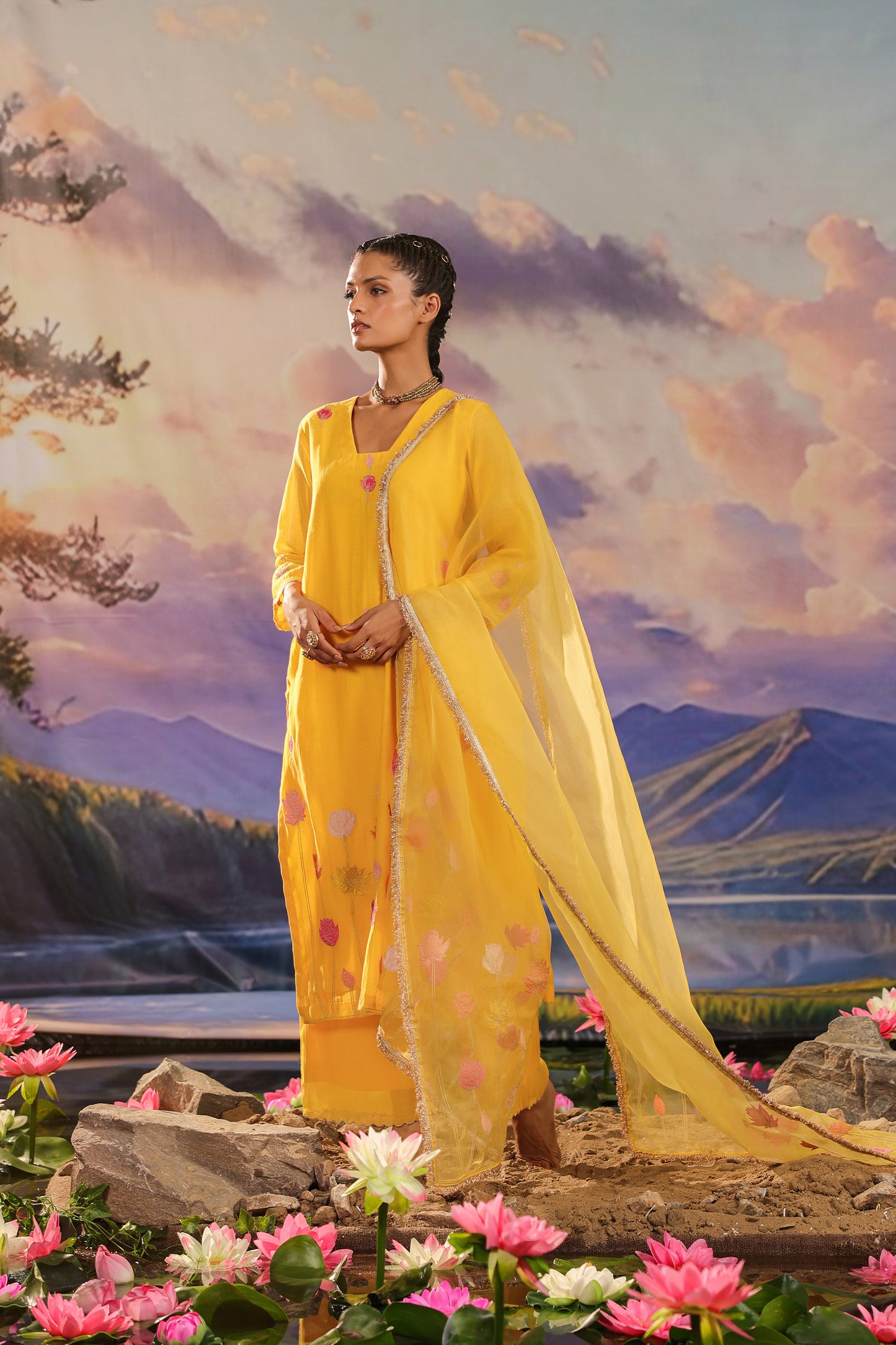 Yellow Applique WOrk Chanderi Designer Suit Set