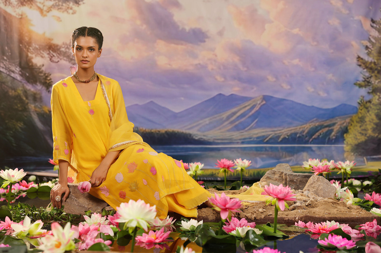 Yellow Applique WOrk Chanderi Designer Suit Set