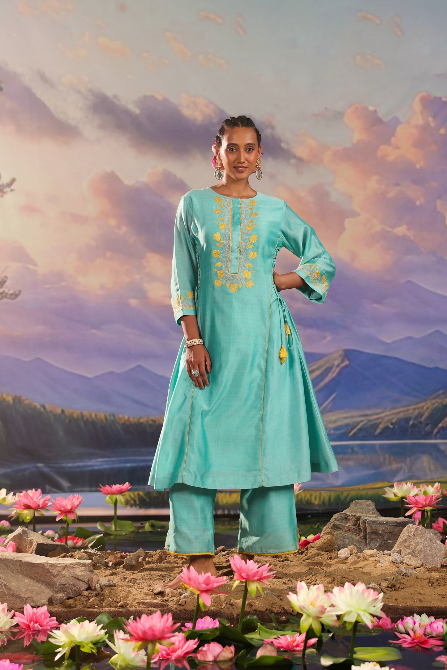 Turqiouse Blue Silk Chanderi Applique Work  Co ord Set