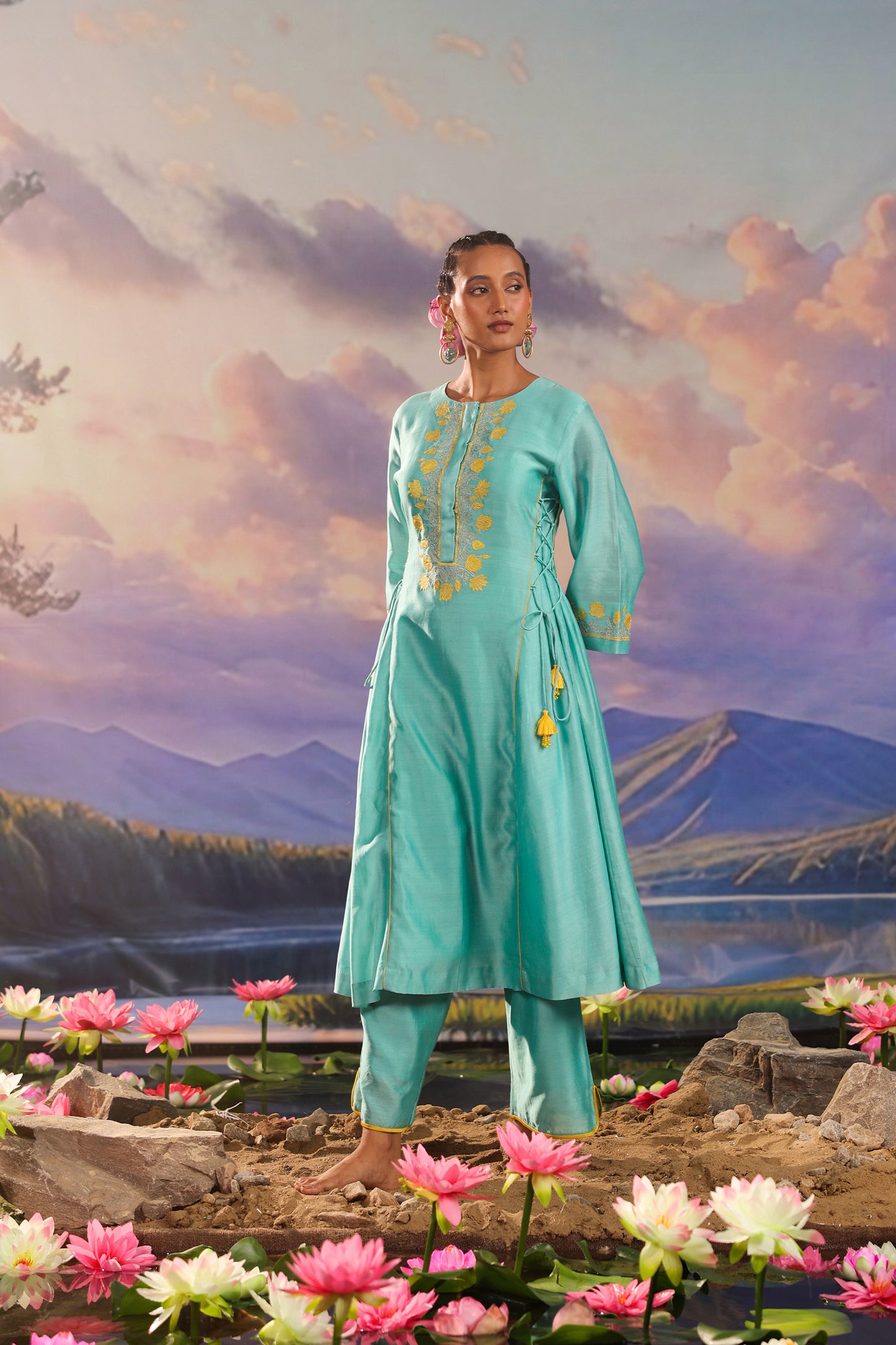 Turqiouse Blue Silk Chanderi Applique Work  Co ord Set