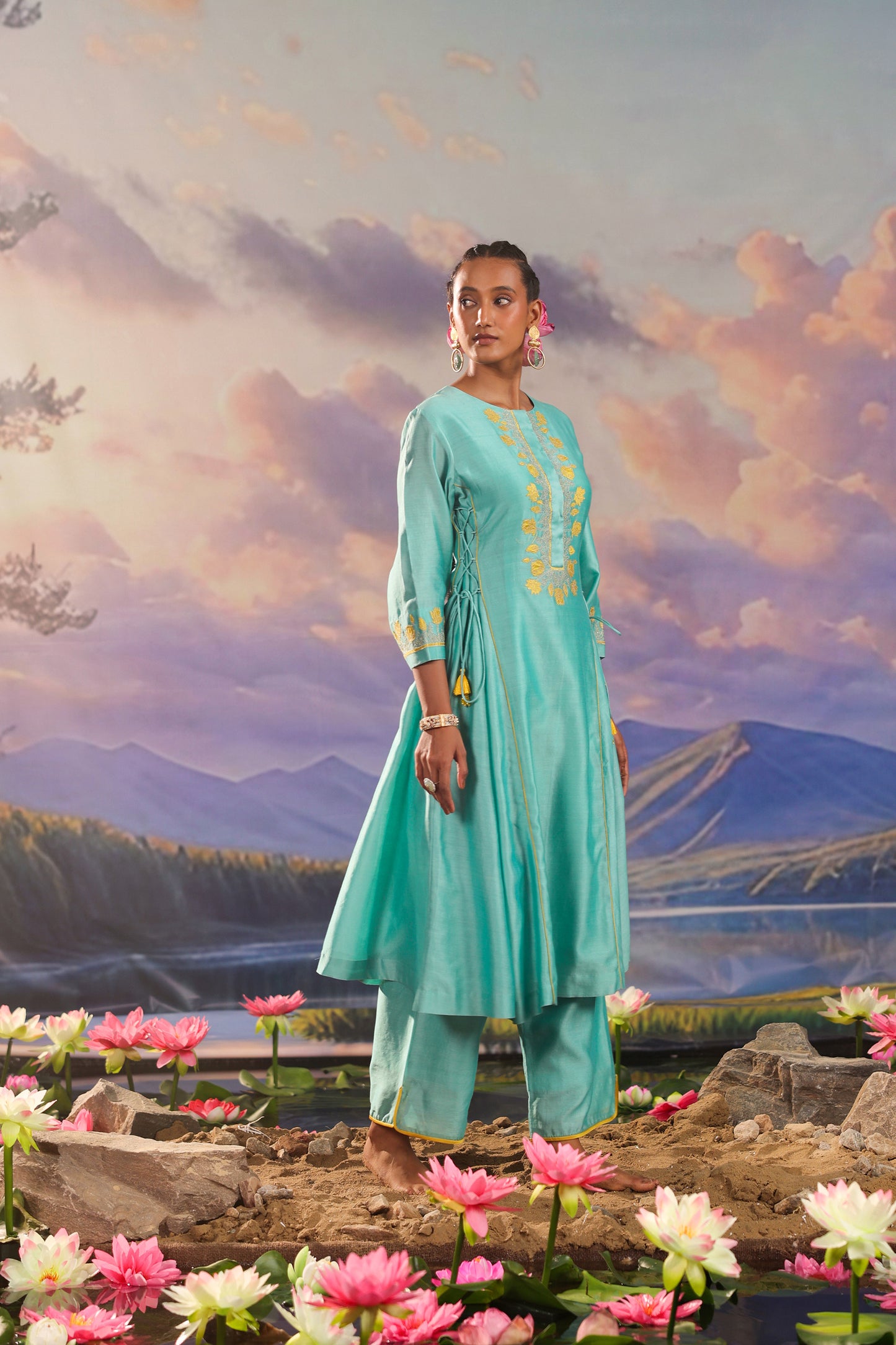 Turqiouse Blue Silk Chanderi Applique Work  Co ord Set