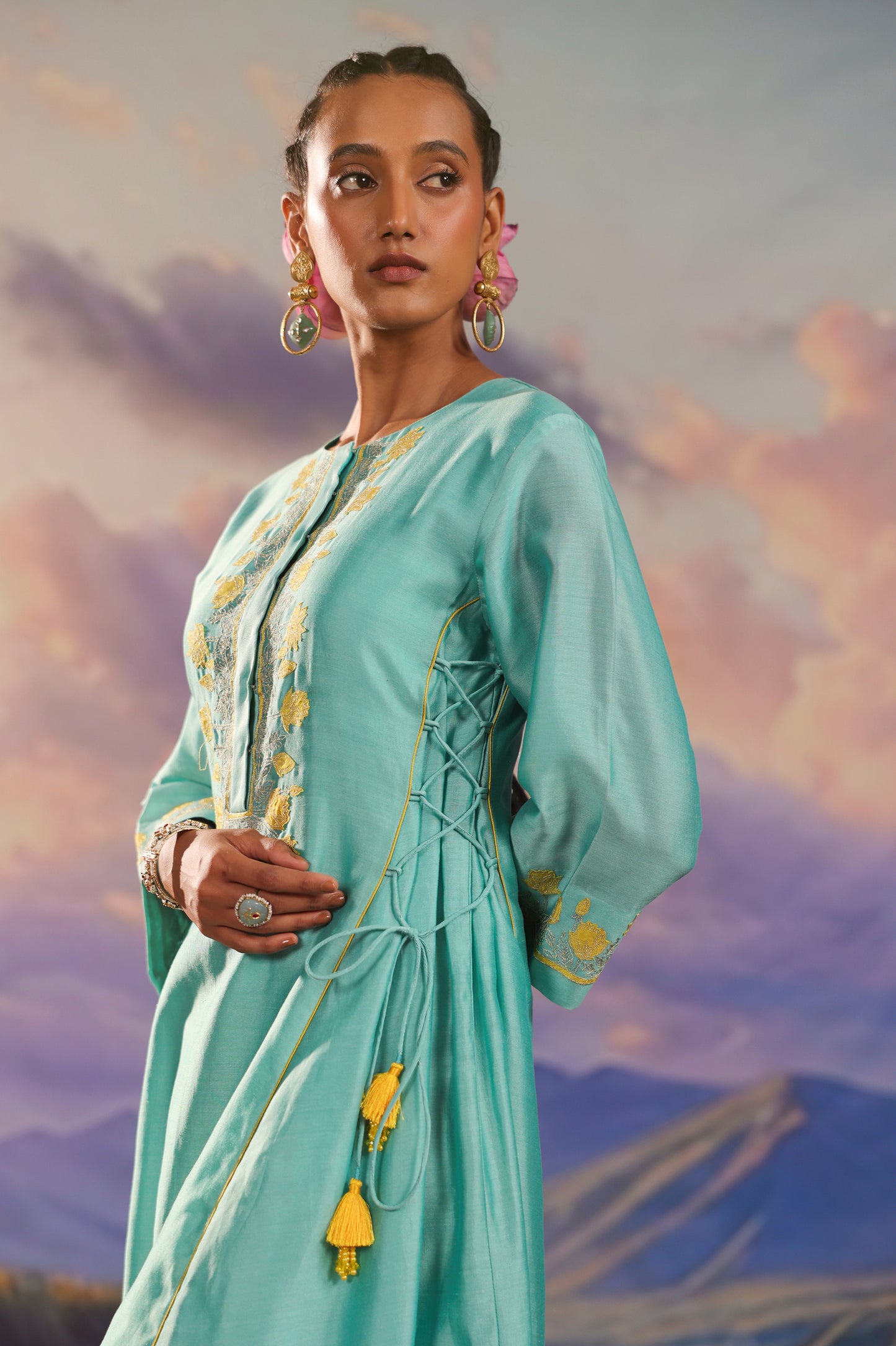 Turqiouse Blue Silk Chanderi Applique Work  Co ord Set