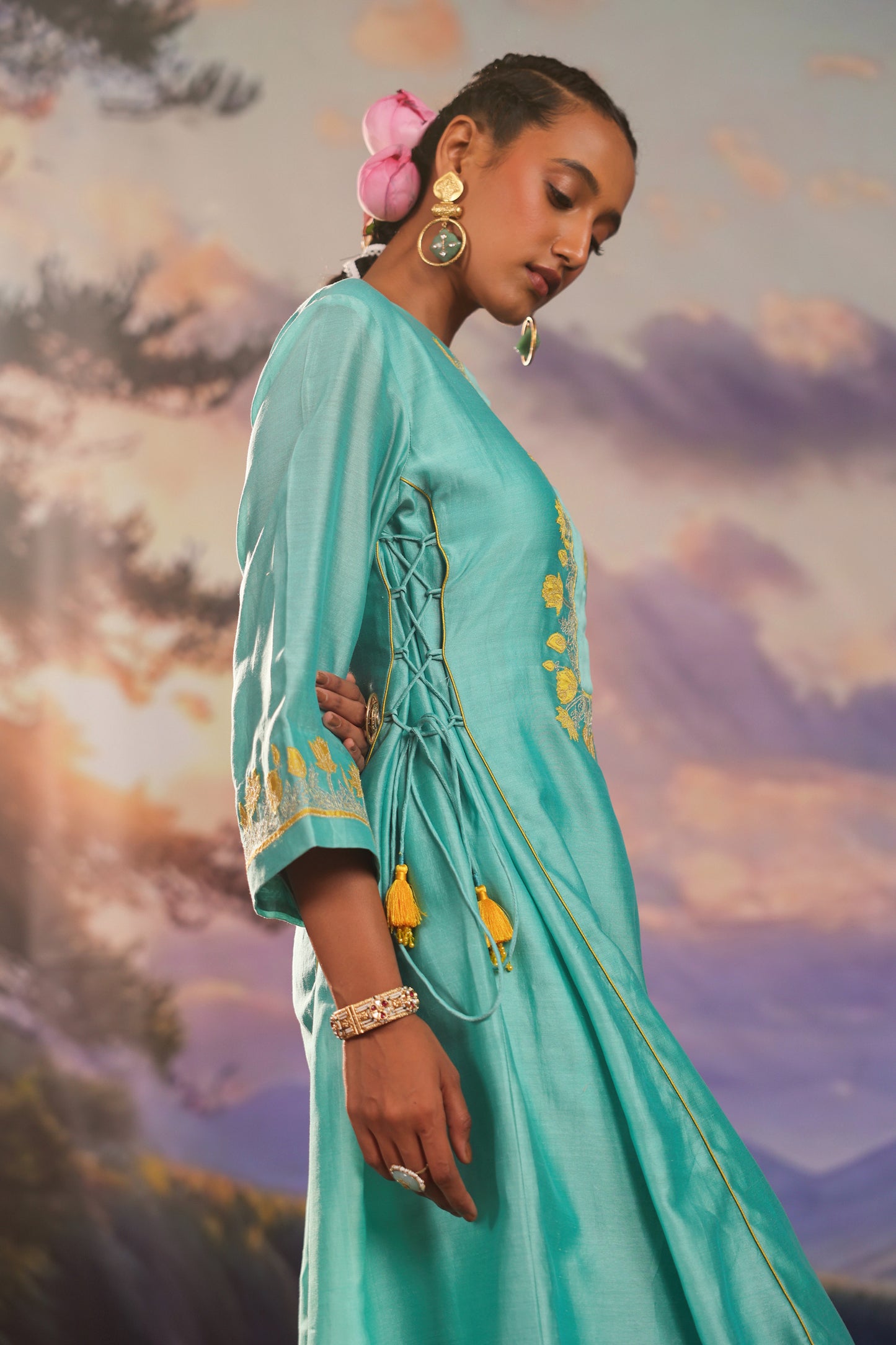 Turqiouse Blue Silk Chanderi Applique Work  Co ord Set