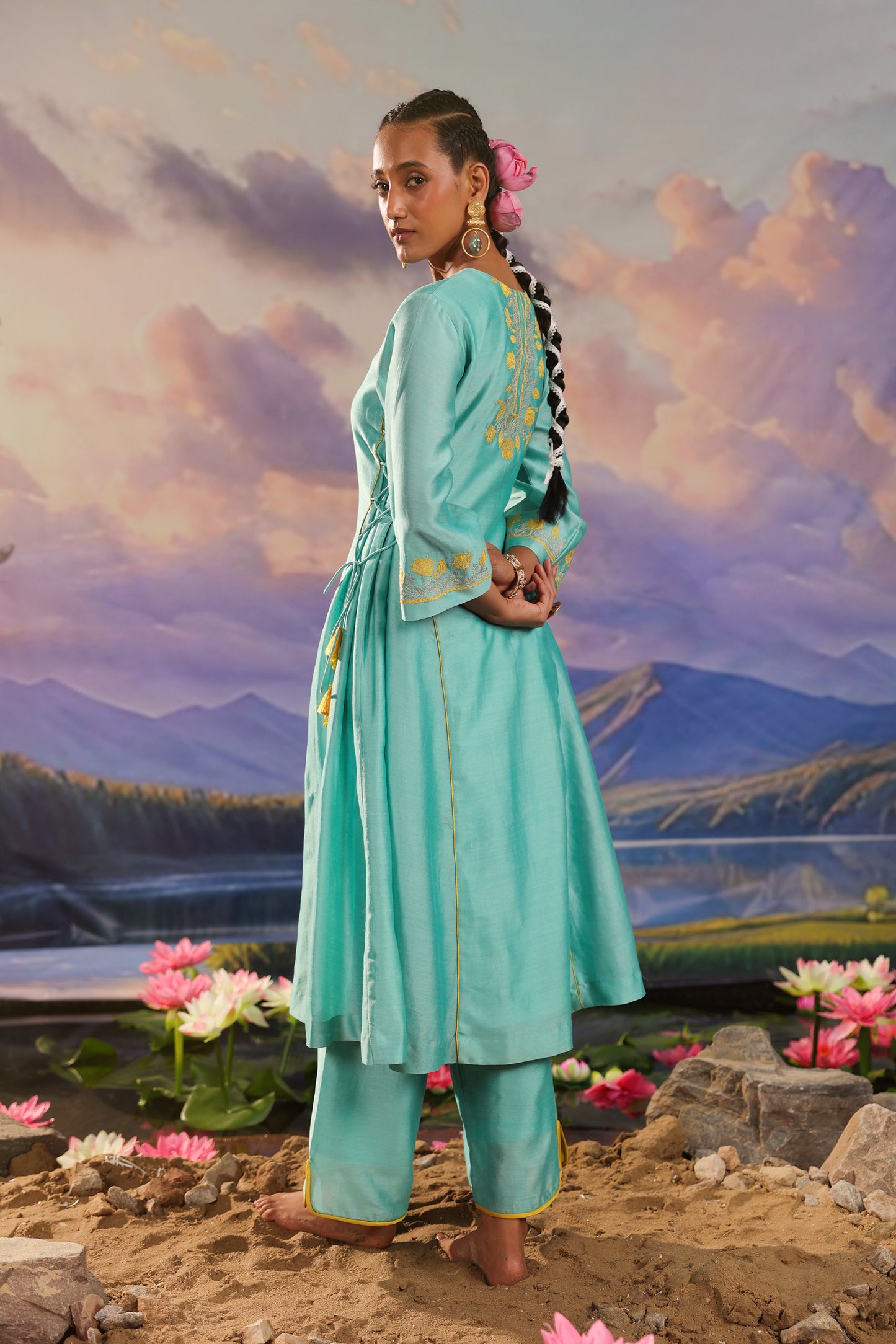 Turqiouse Blue Silk Chanderi Applique Work  Co ord Set