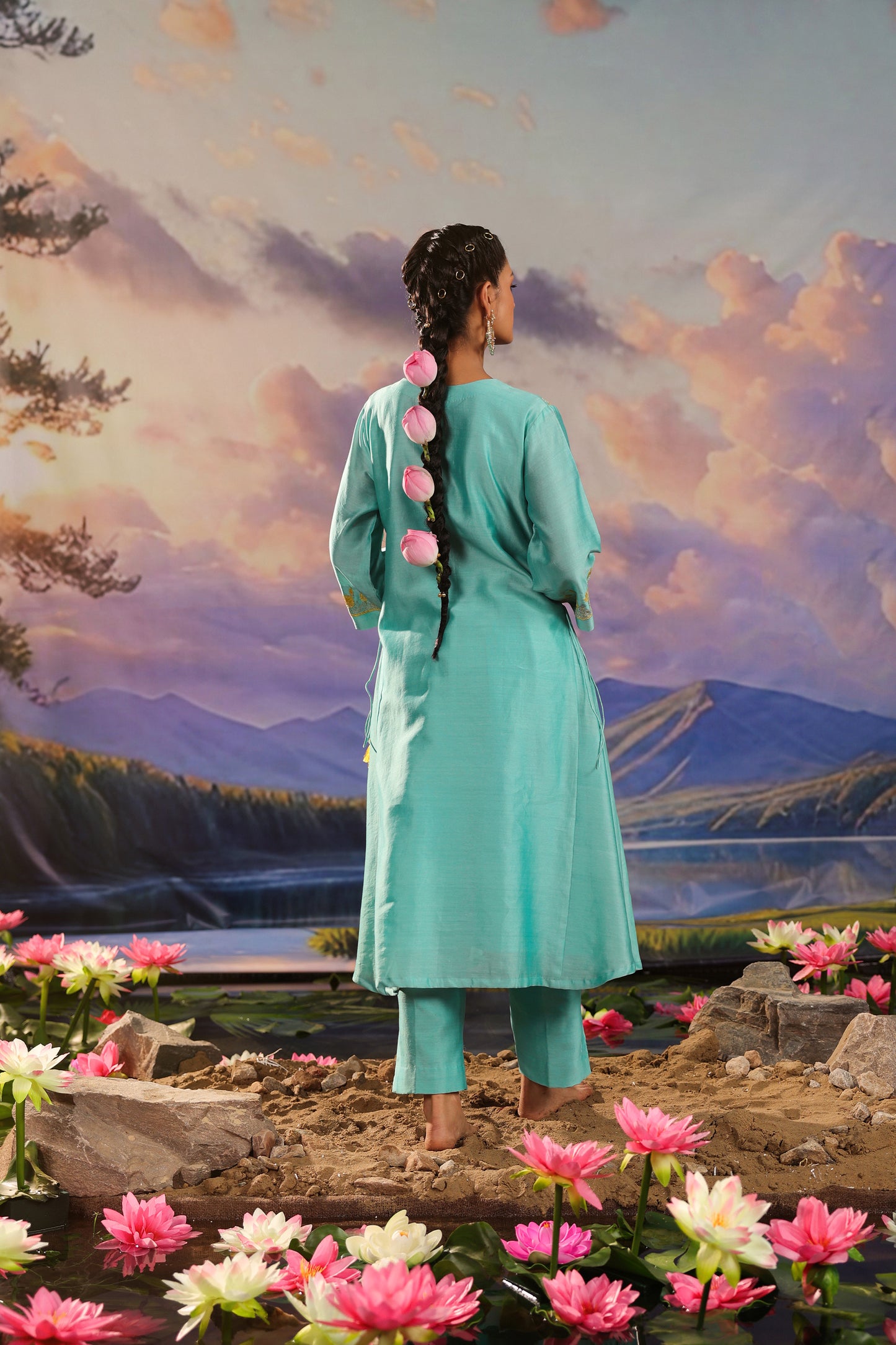 Turquoise Blue Silk Chanderi Applique Embroidery Festive Co ord Set