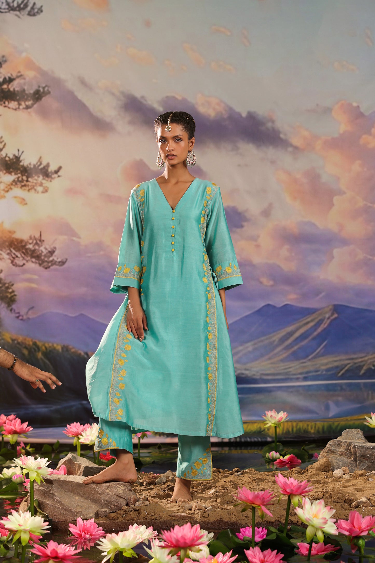 Turquoise Blue Silk Chanderi Applique Embroidery Festive Co ord Set