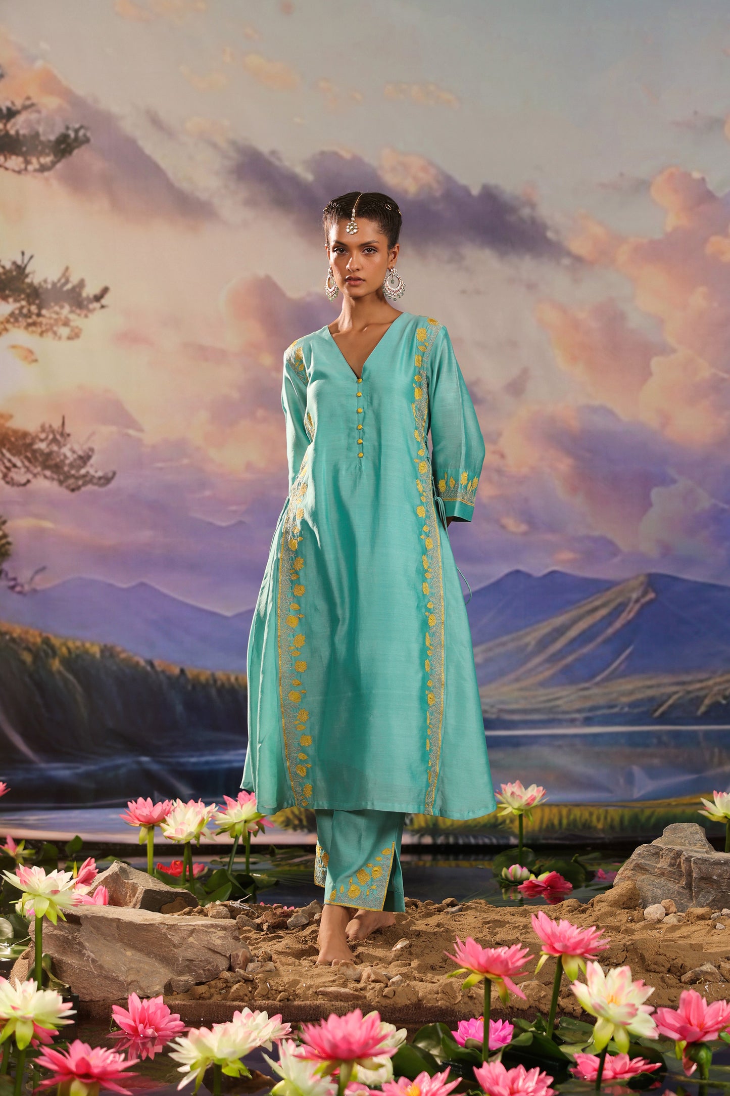 Turquoise Blue Silk Chanderi Applique Embroidery Festive Co ord Set