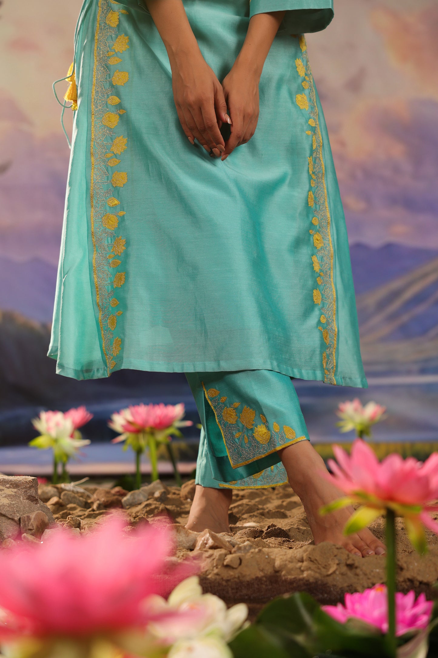 Turquoise Blue Silk Chanderi Applique Embroidery Festive Co ord Set