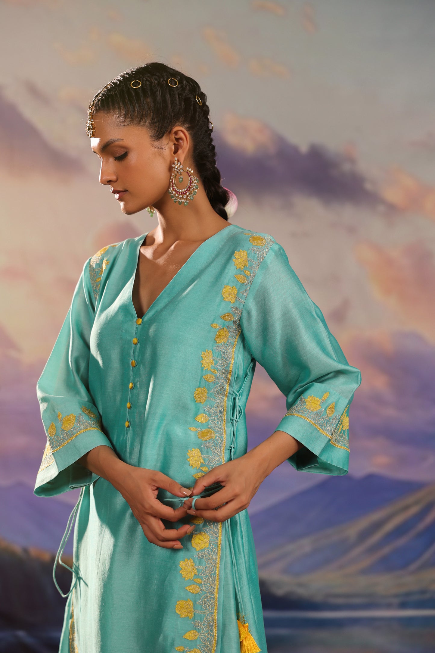 Turquoise Blue Silk Chanderi Applique Embroidery Festive Co ord Set