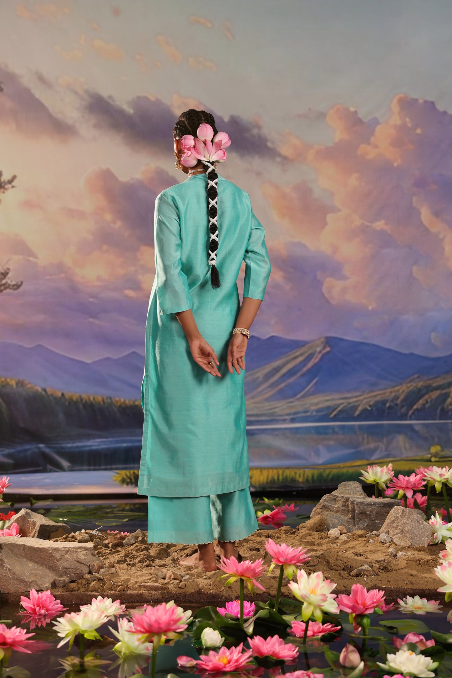 Turquoise Blue Lotus Embrodiery Silk Chanderi Suit Set