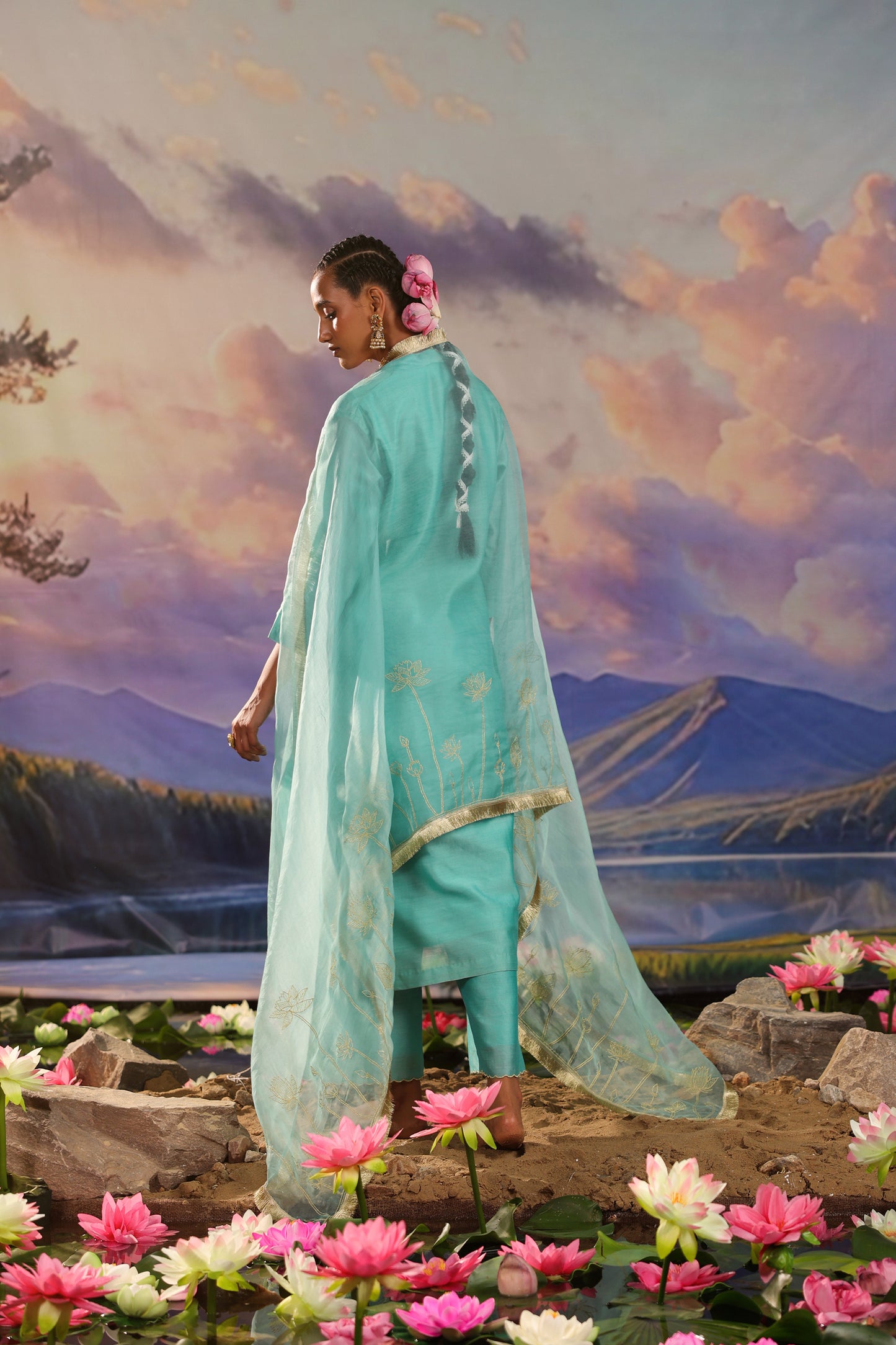 Turquoise Blue Lotus Embrodiery Silk Chanderi Suit Set