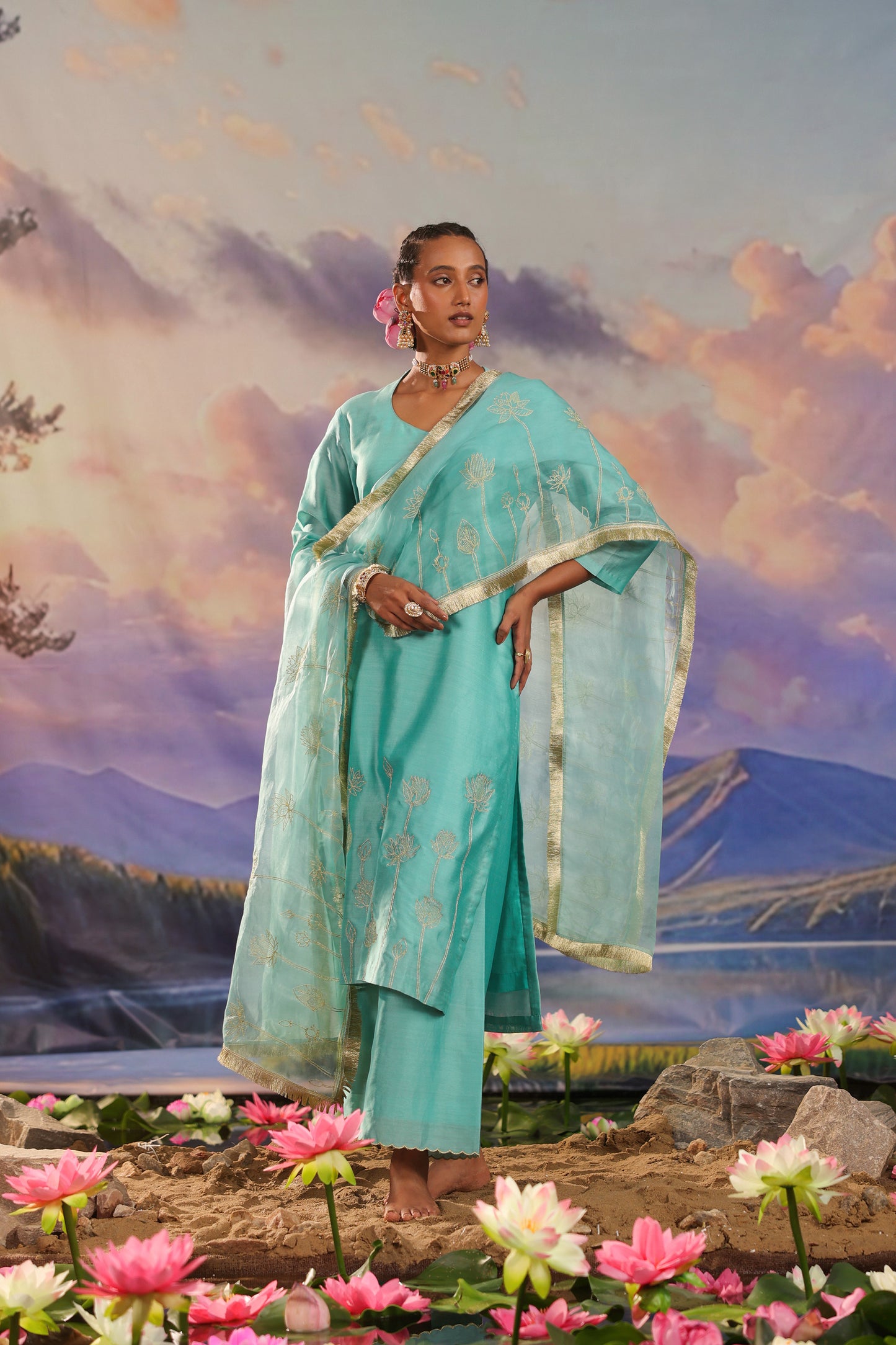 Turquoise Blue Lotus Embrodiery Silk Chanderi Suit Set