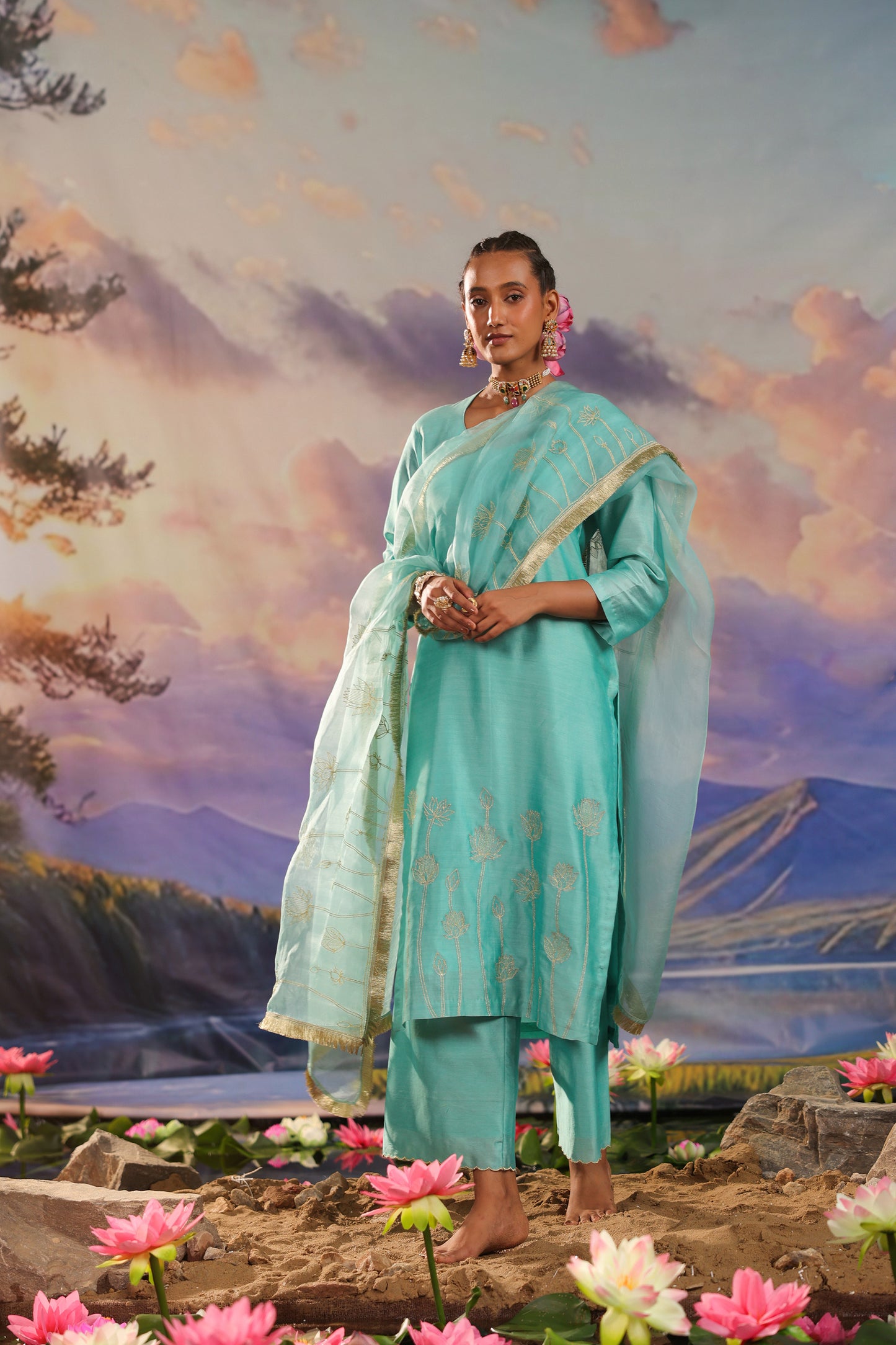 Turquoise Blue Lotus Embrodiery Silk Chanderi Suit Set