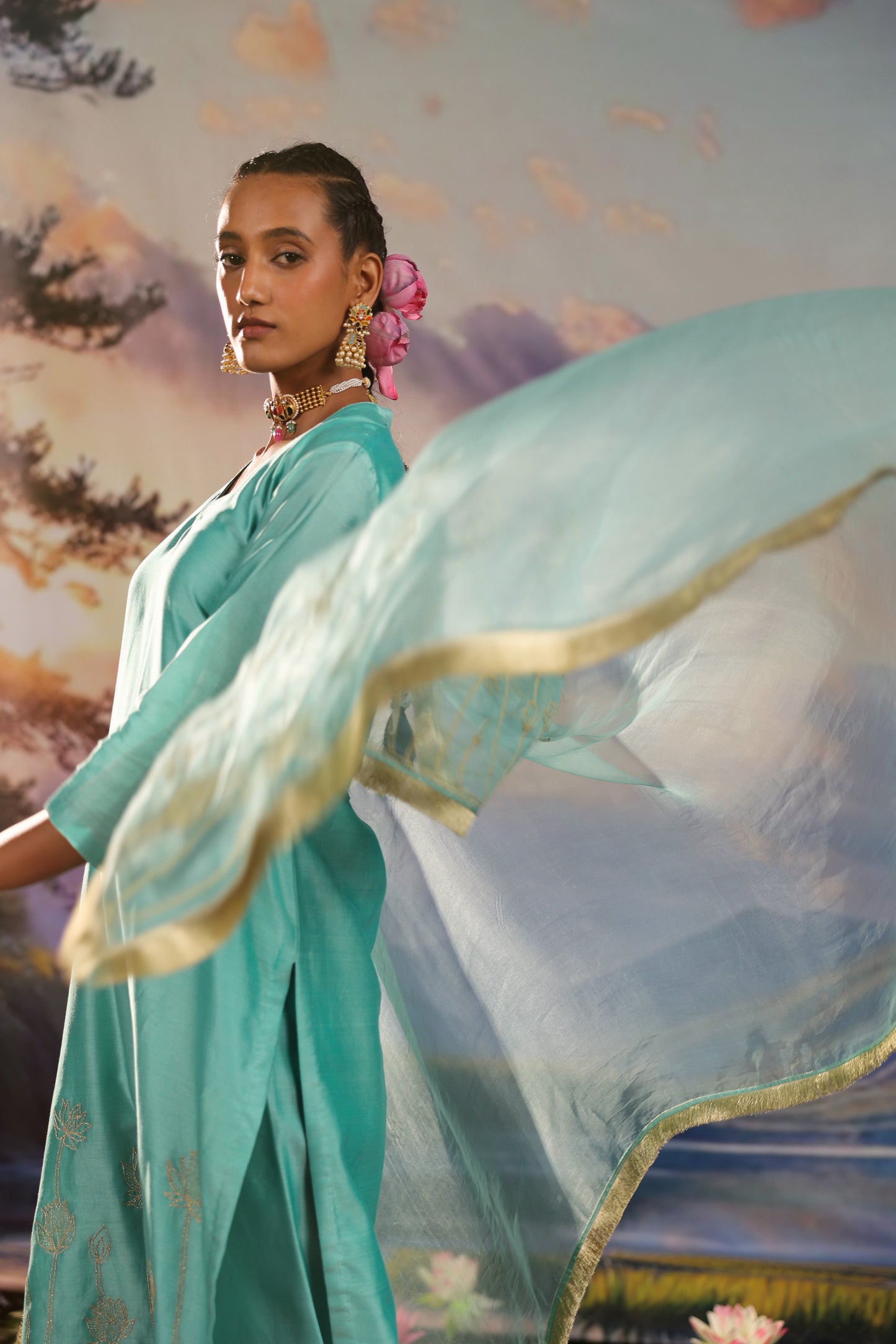 Turquoise Blue Lotus Embrodiery Silk Chanderi Suit Set