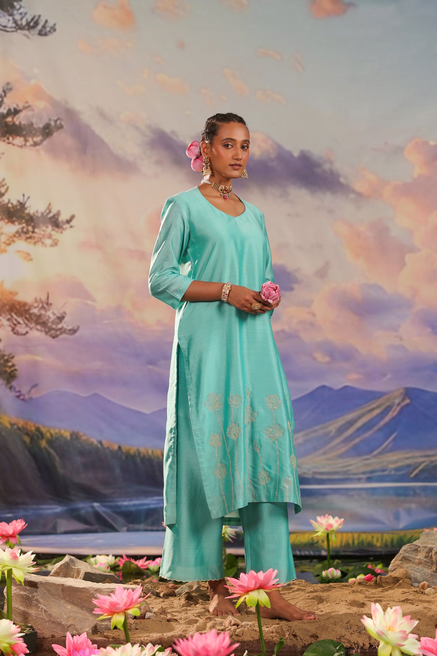 Turquoise Blue Lotus Embrodiery Silk Chanderi Suit Set