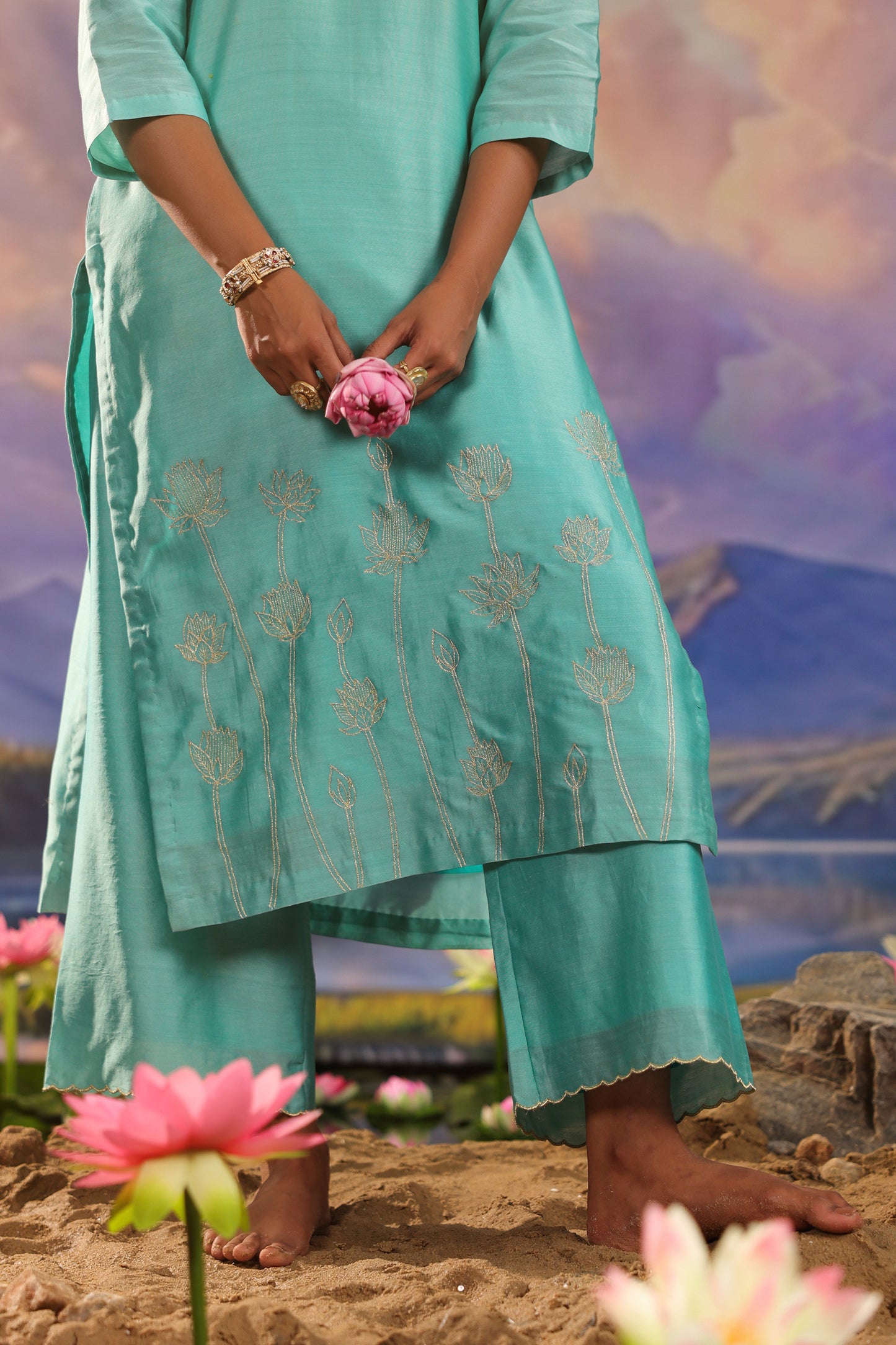 Turquoise Blue Lotus Embrodiery Silk Chanderi Suit Set