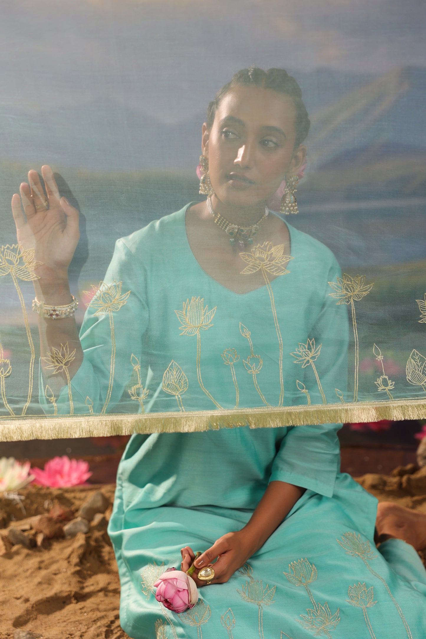 Turquoise Blue Lotus Embrodiery Silk Chanderi Suit Set