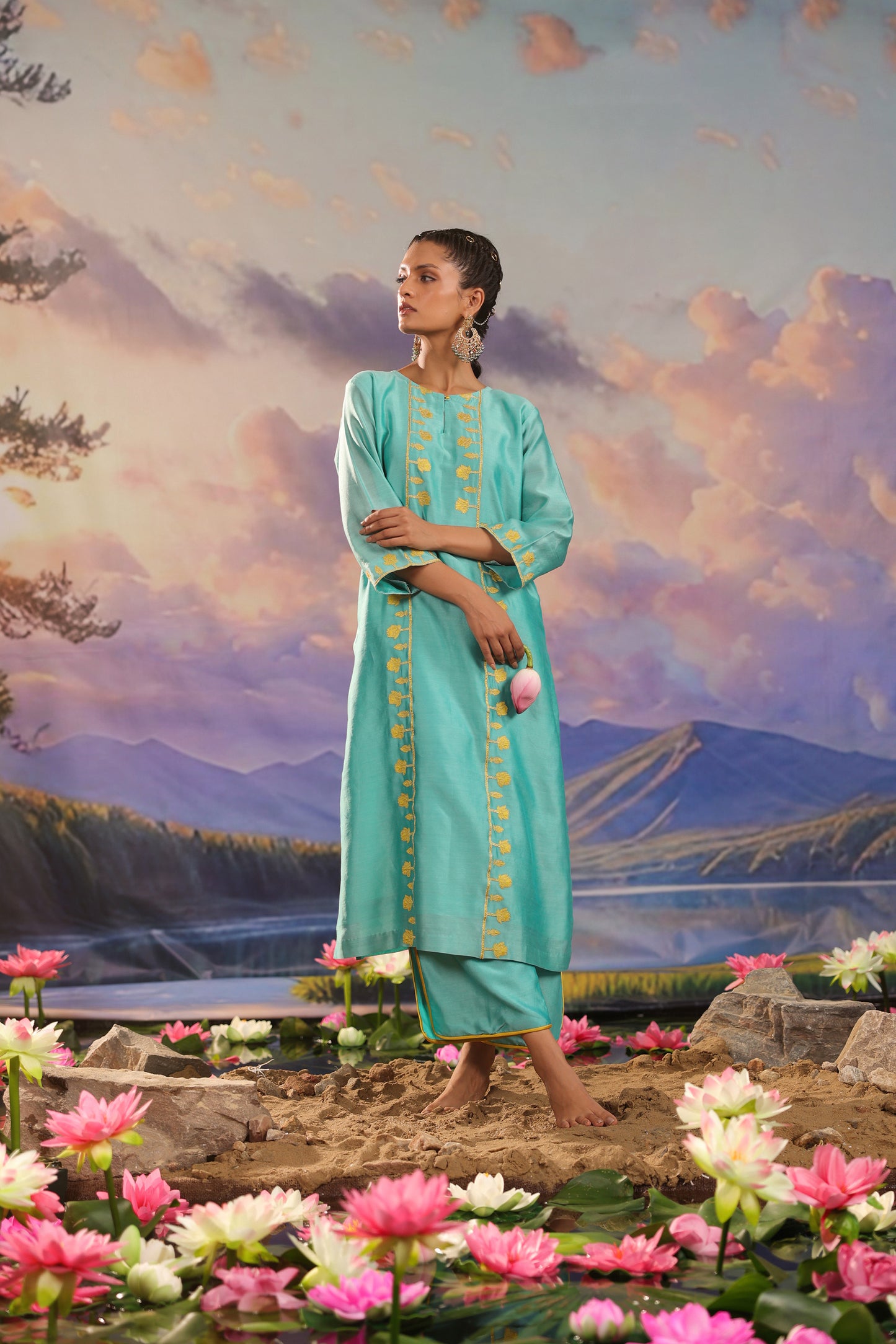 Turquoise Blue Applique Work Silk Chanderi  with Palazzo Co ord Set