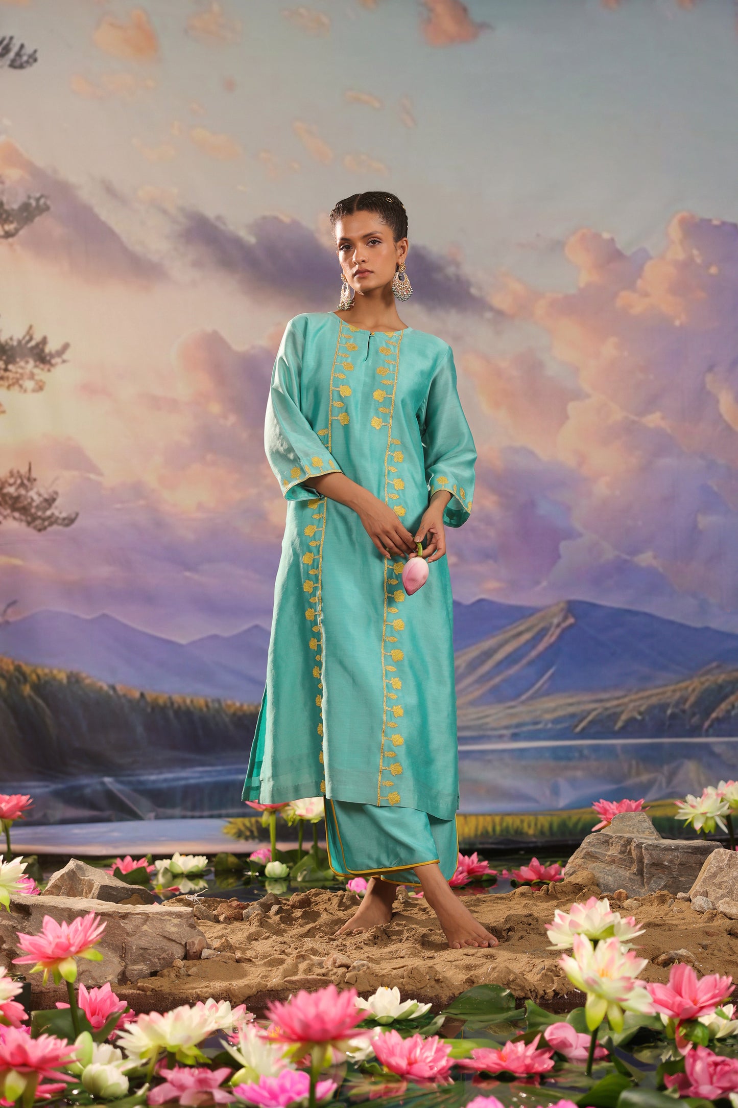 Turquoise Blue Applique Work Silk Chanderi  with Palazzo Co ord Set