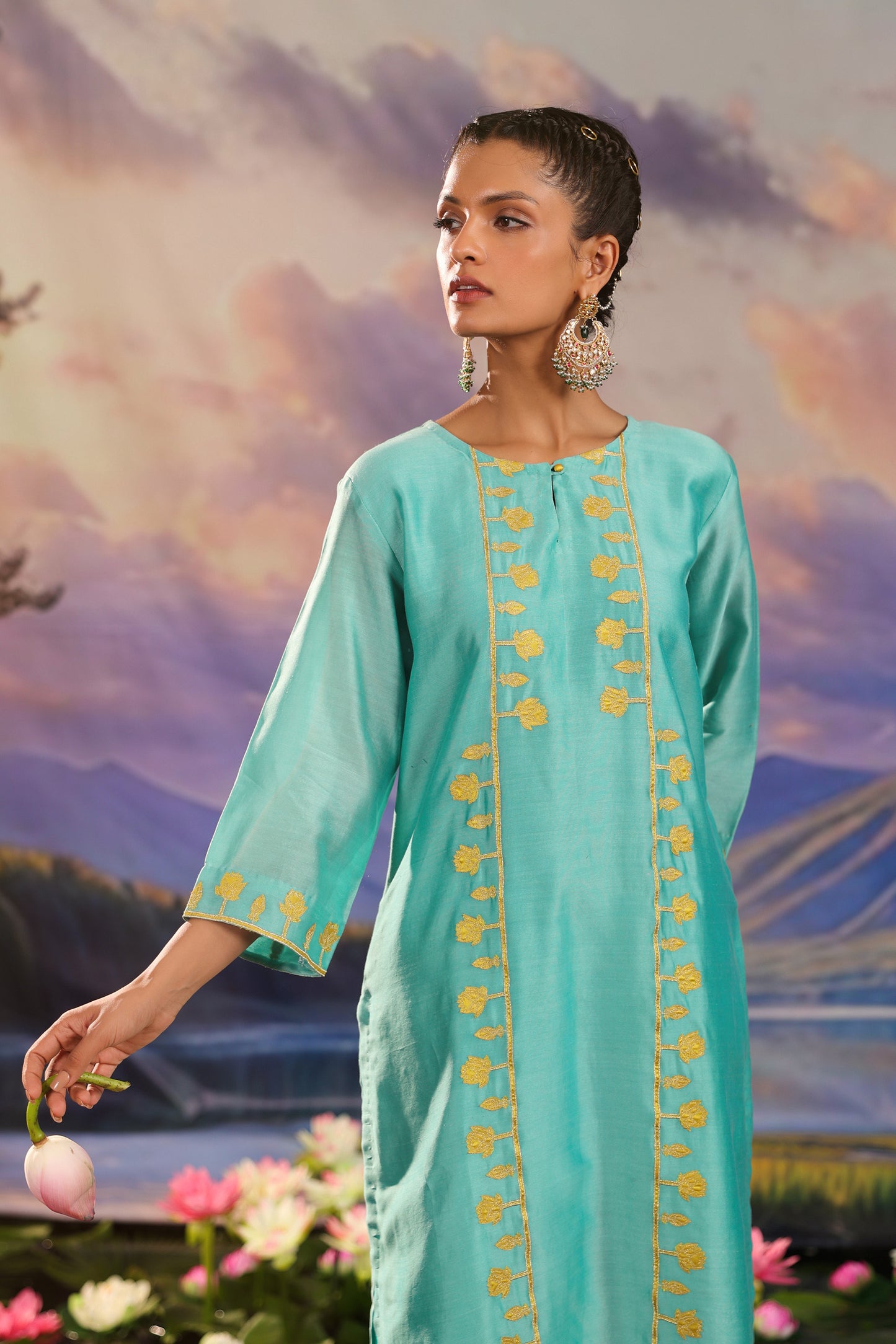 Turquoise Blue Applique Work Silk Chanderi  with Palazzo Co ord Set