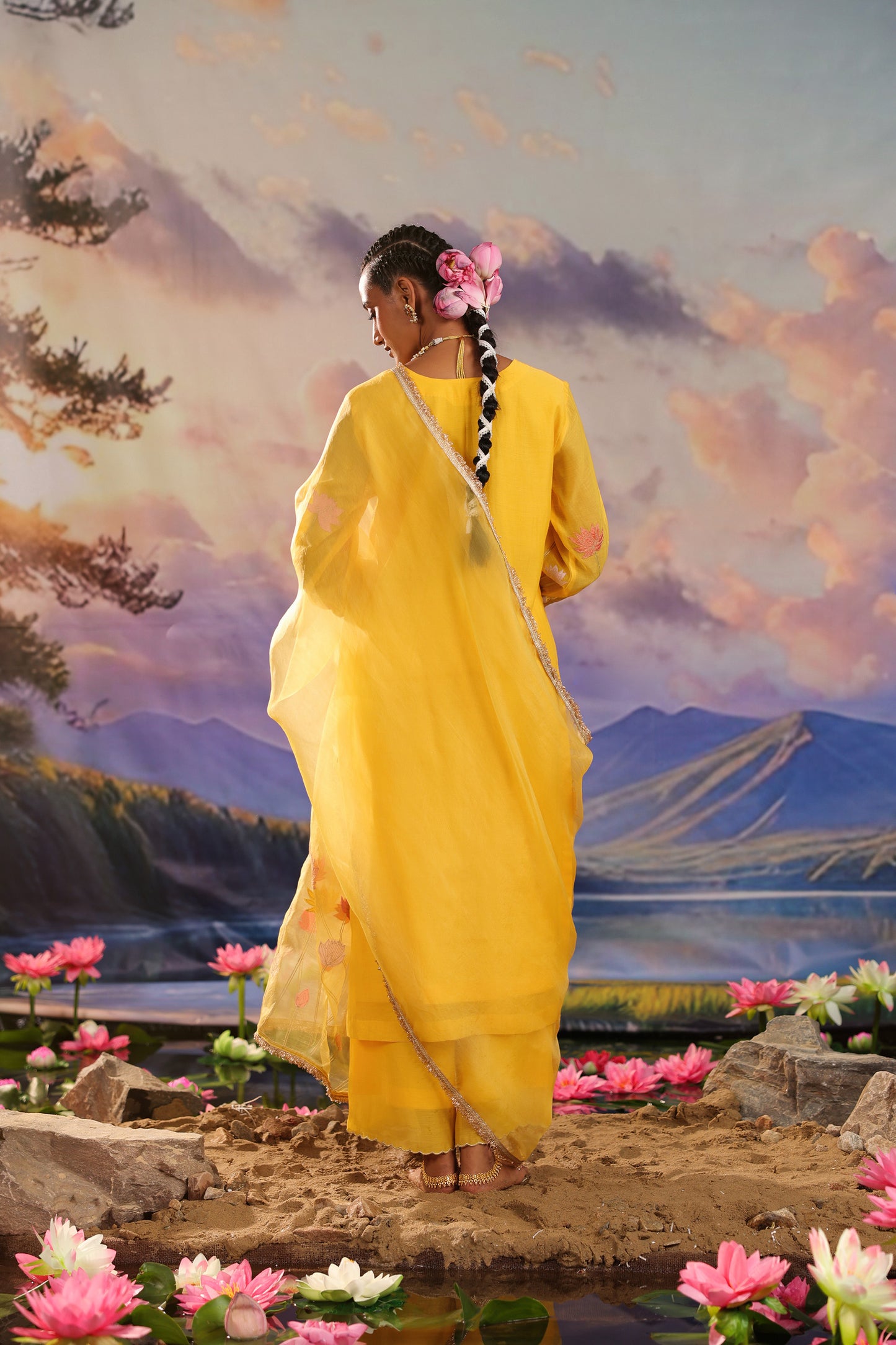 Yellow Applique Work Mul Chanderi with Palazzo Suit Set
