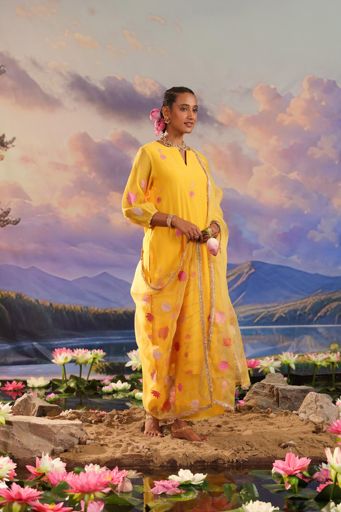 Yellow Applique Work Mul Chanderi with Palazzo Suit Set