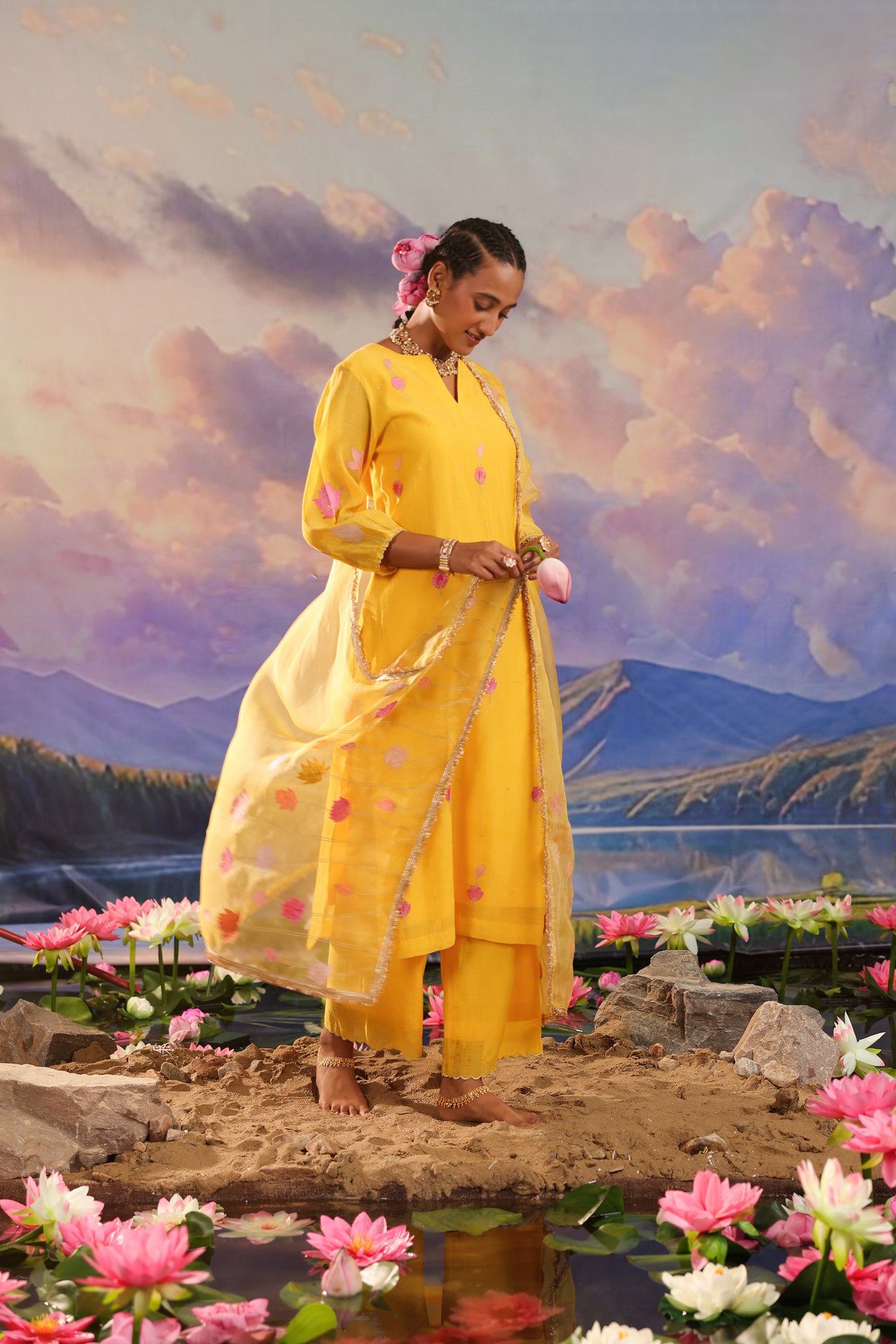 Yellow Applique Work Mul Chanderi with Palazzo Suit Set