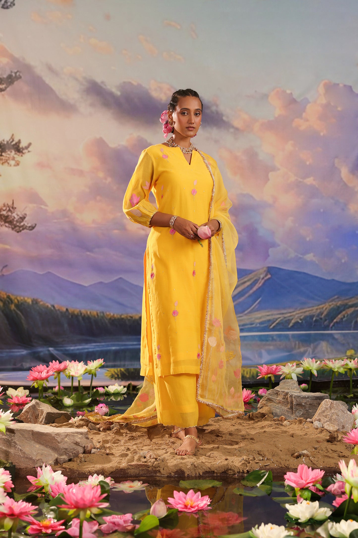 Yellow Applique Work Mul Chanderi with Palazzo Suit Set